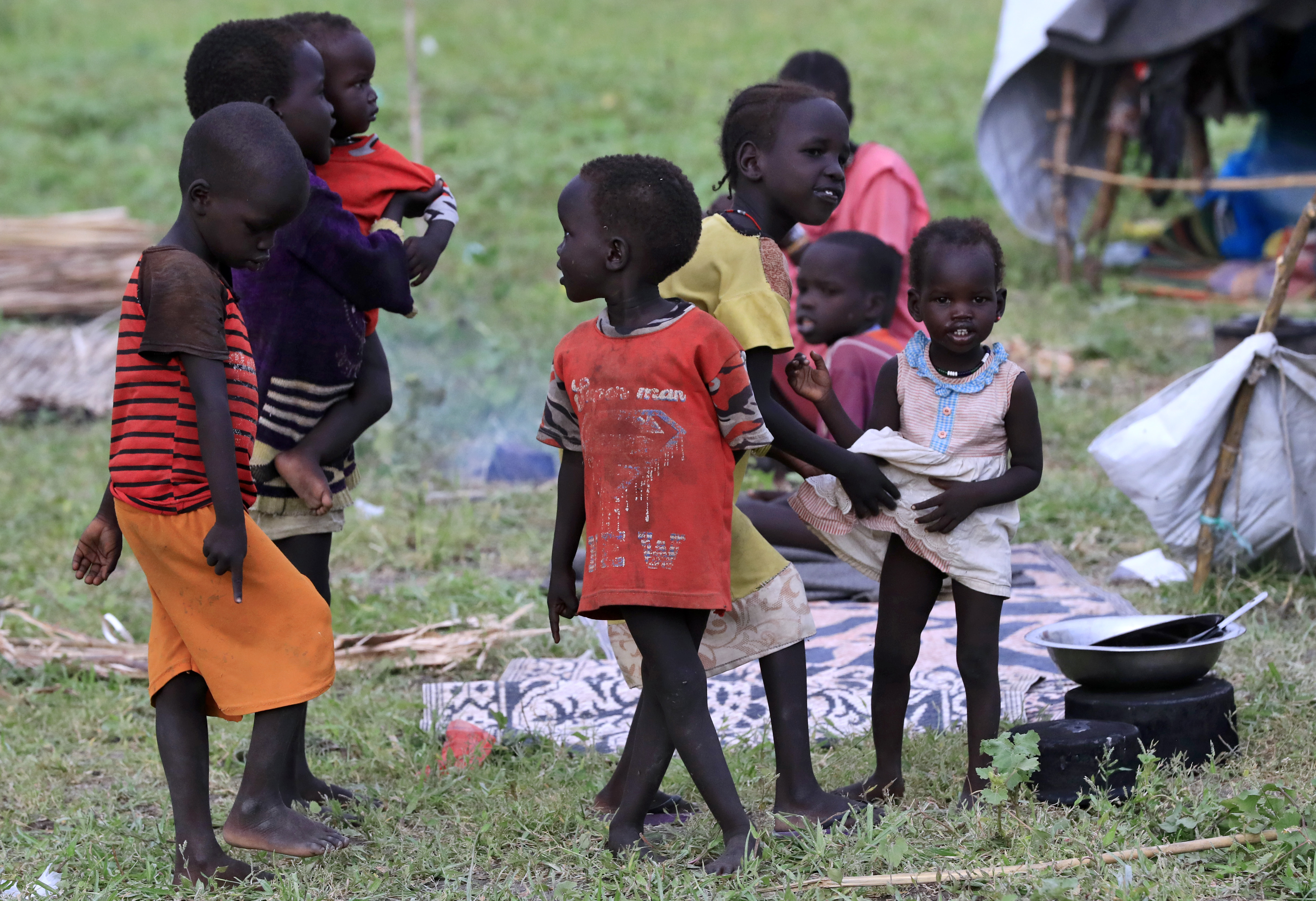 South Sudanese refugee children play in the refugee camp in Sudan’s White Nile state where they live, in September 2021