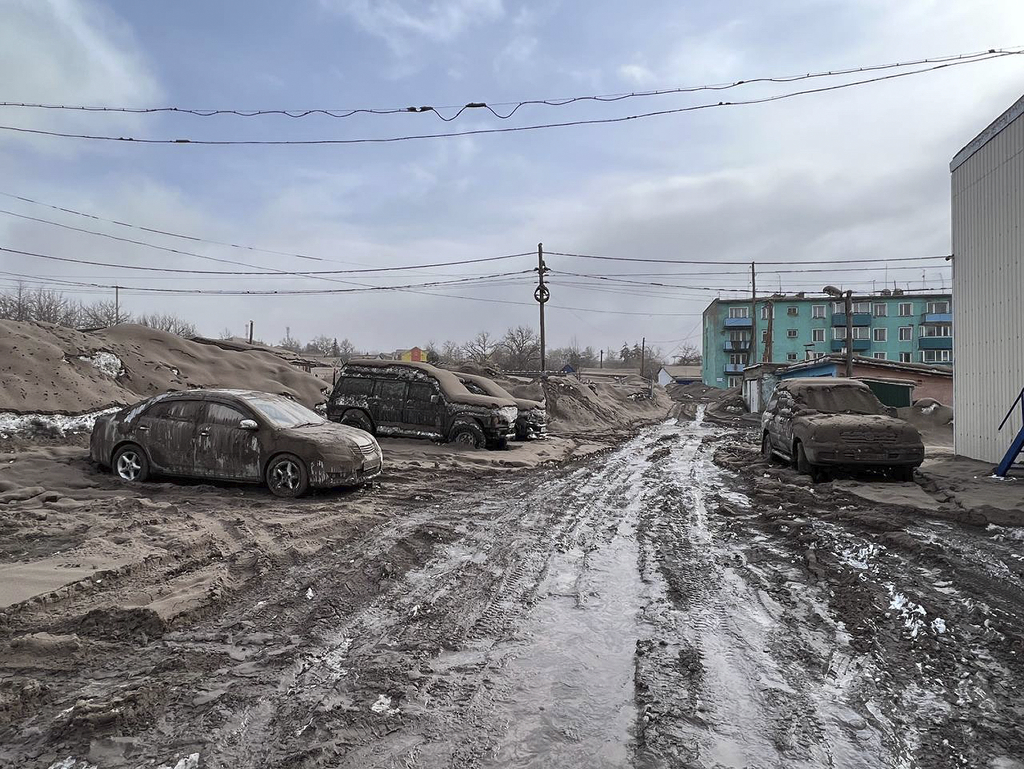 Volcanic ash covers the ground after the Shiveluch volcano's eruption on the Kamchatka Peninsula in the Russian far east.