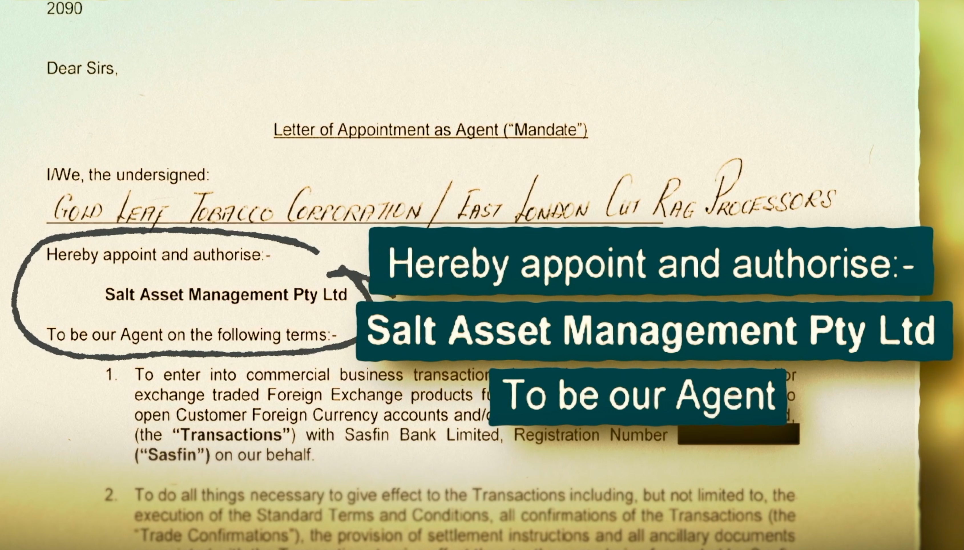 One of the documents showing how Gold Leaf Tobacco authorised Salt Asset Management to be its agent [Al Jazeera]