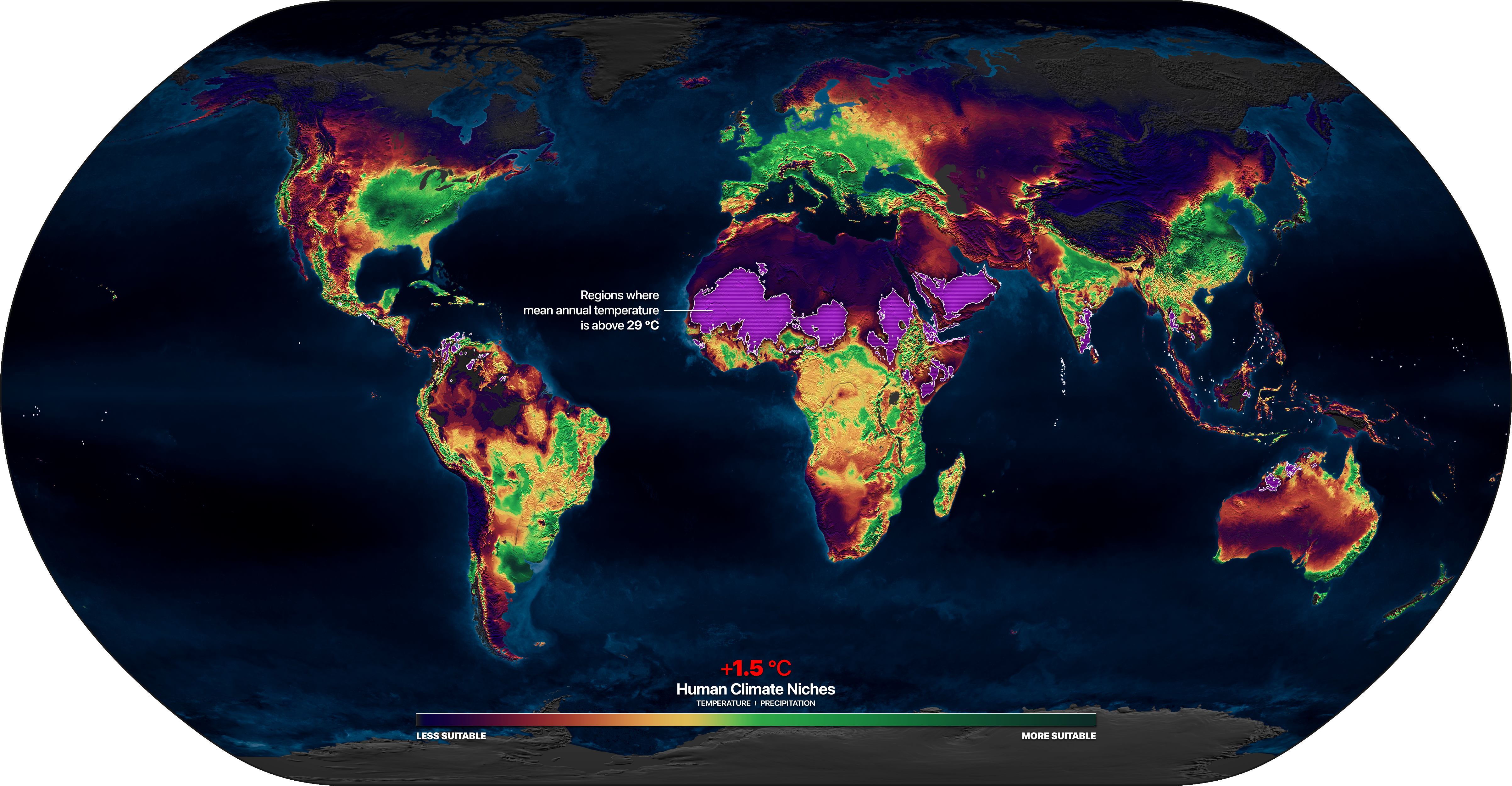 Heat map highlights regions where mean annual temperature rise will be 29C (84.2F) or higher in the event of a 1.5C (2.7F) rise in global temperatures [Courtesy of Globaïa]