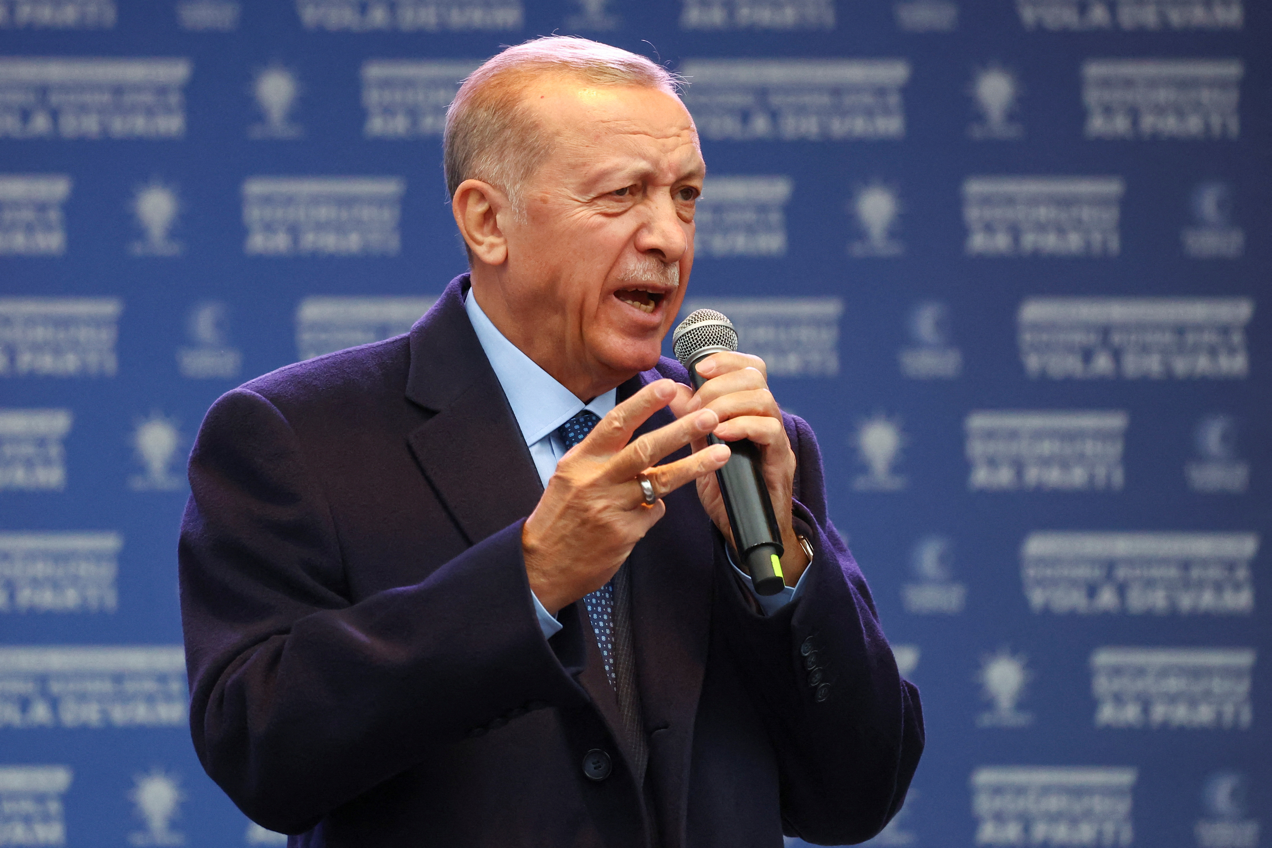 Turkish President Tayyip Erdogan speaks during a rally ahead of the May 14 presidential and parliamentary elections,