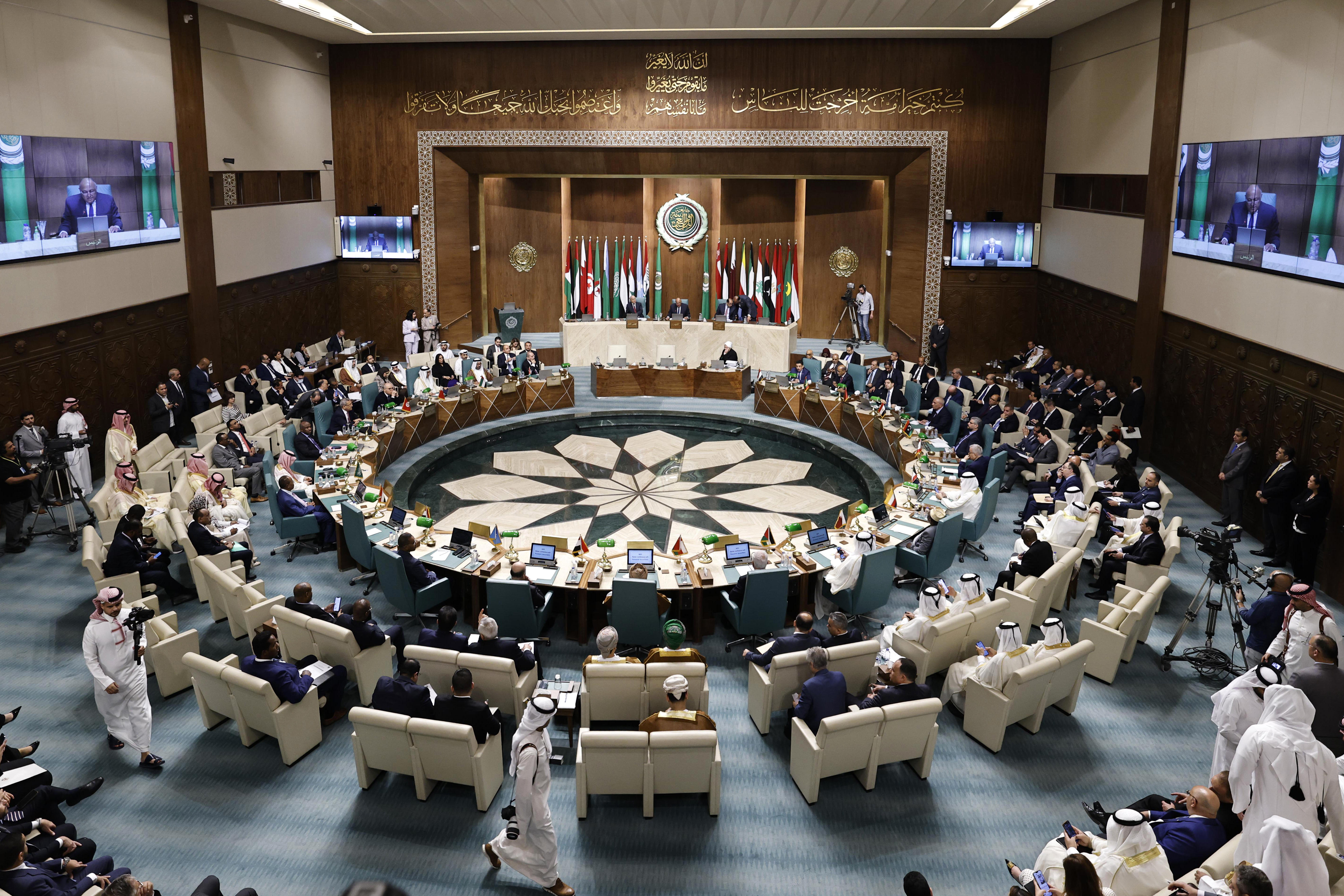 Egyptian Foreign Minister Sameh Shoukry speaks during an emergency meeting of Arab League foreign ministers in Cairo