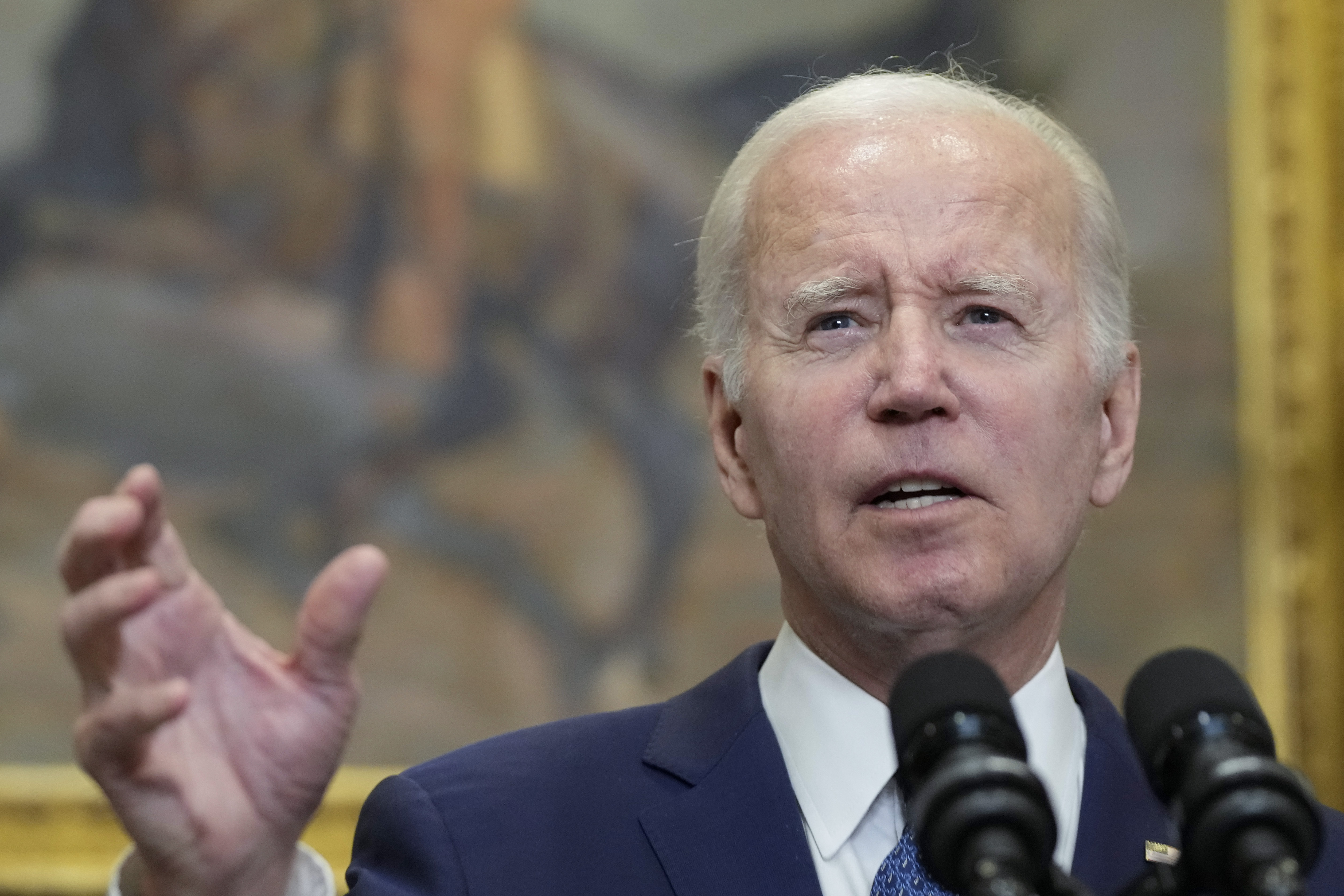 President Joe Biden speaks in the Roosevelt Room of the White House