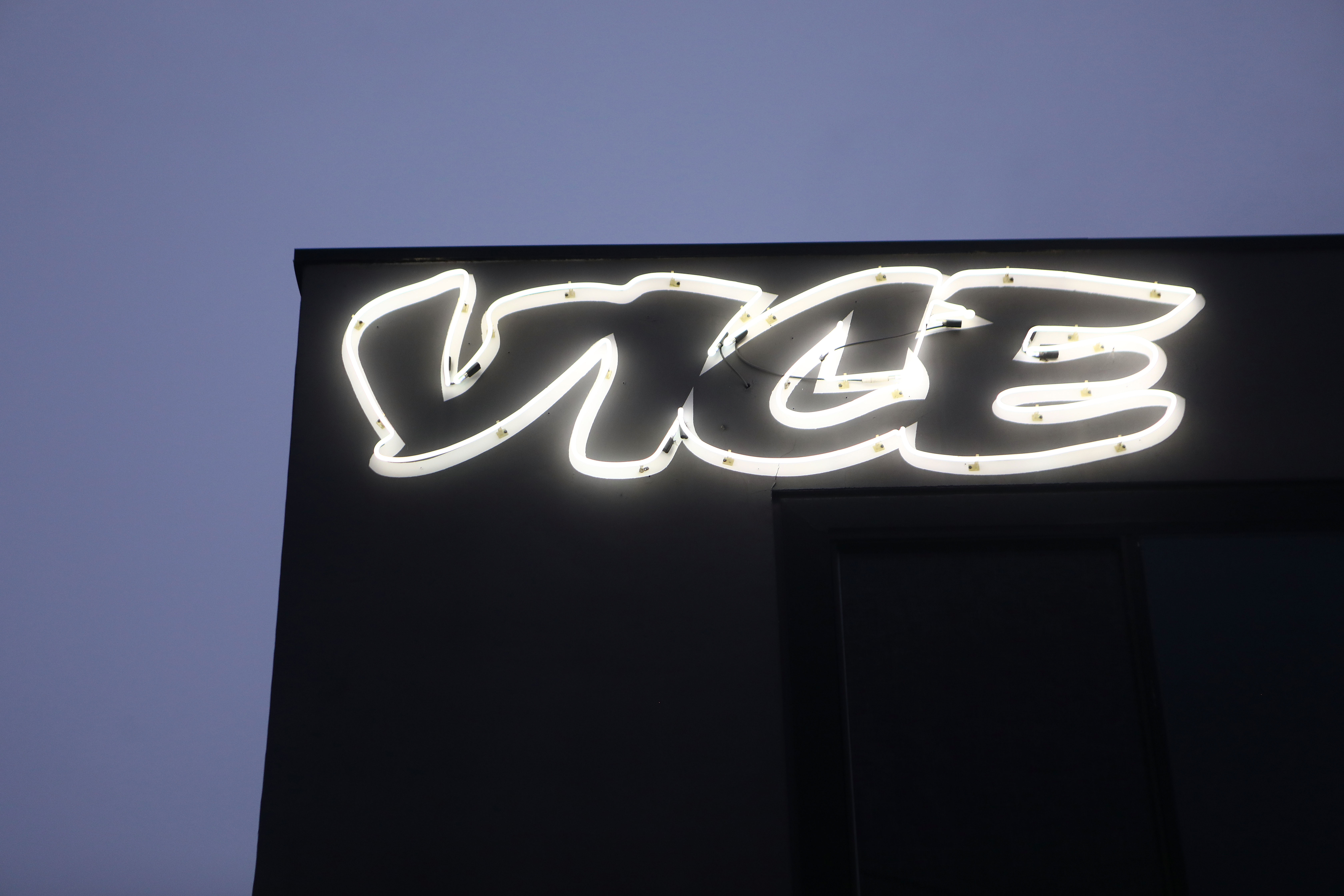 Vice Media offices display the Vice logo at dusk on February 1, 2019 in Venice, California. Vice Media announced it is cutting 250 jobs globally