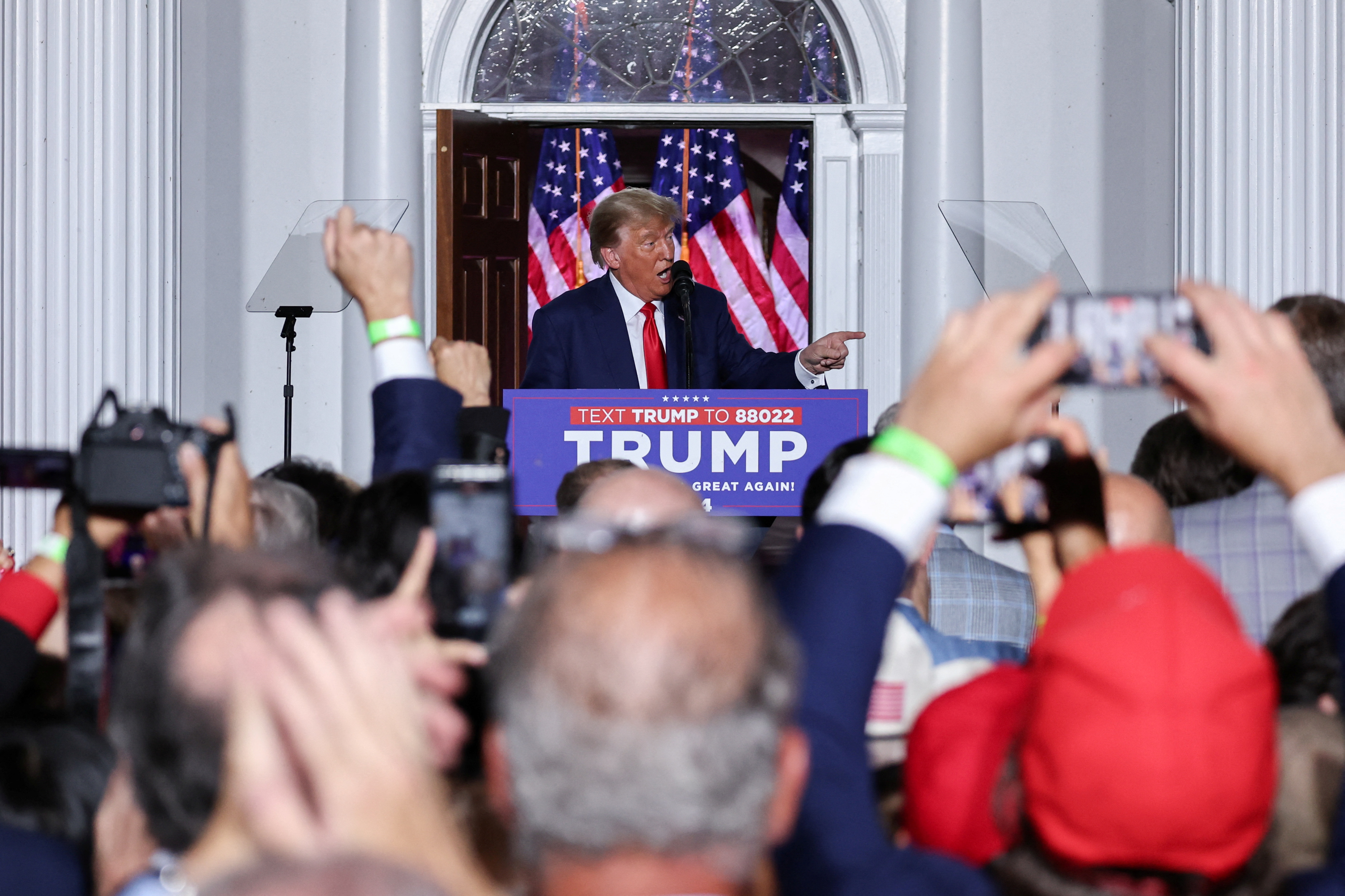 Former U.S. President Donald Trump delivers remarks during an event following his arraignment on classified document charges, at Trump National Golf Club, in Bedminster, New Jersey
