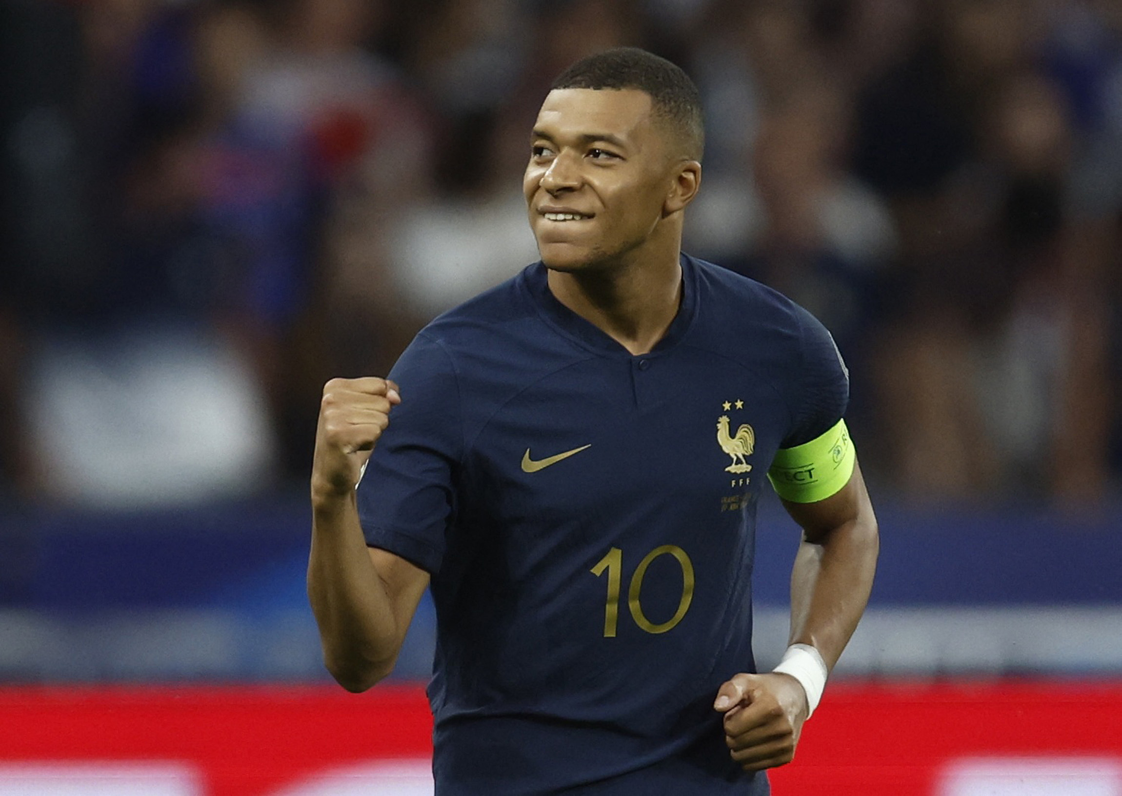 France's Kylian Mbappe celebrates scoring their first goal