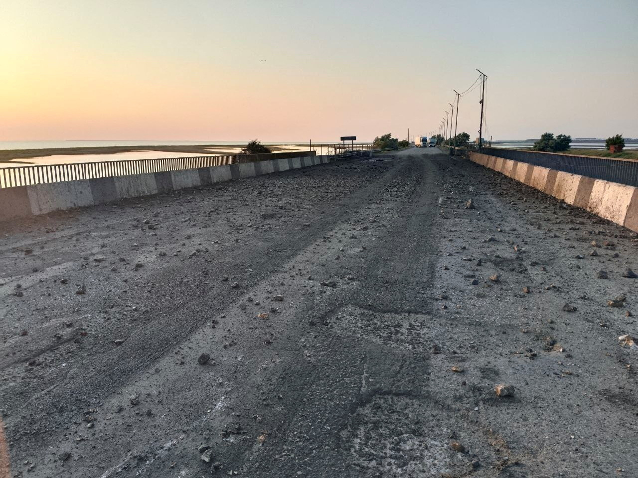 A view shows the damaged Chonhar bridge connecting Russian-held parts of Ukraine’s Kherson region to the Crimean peninsula