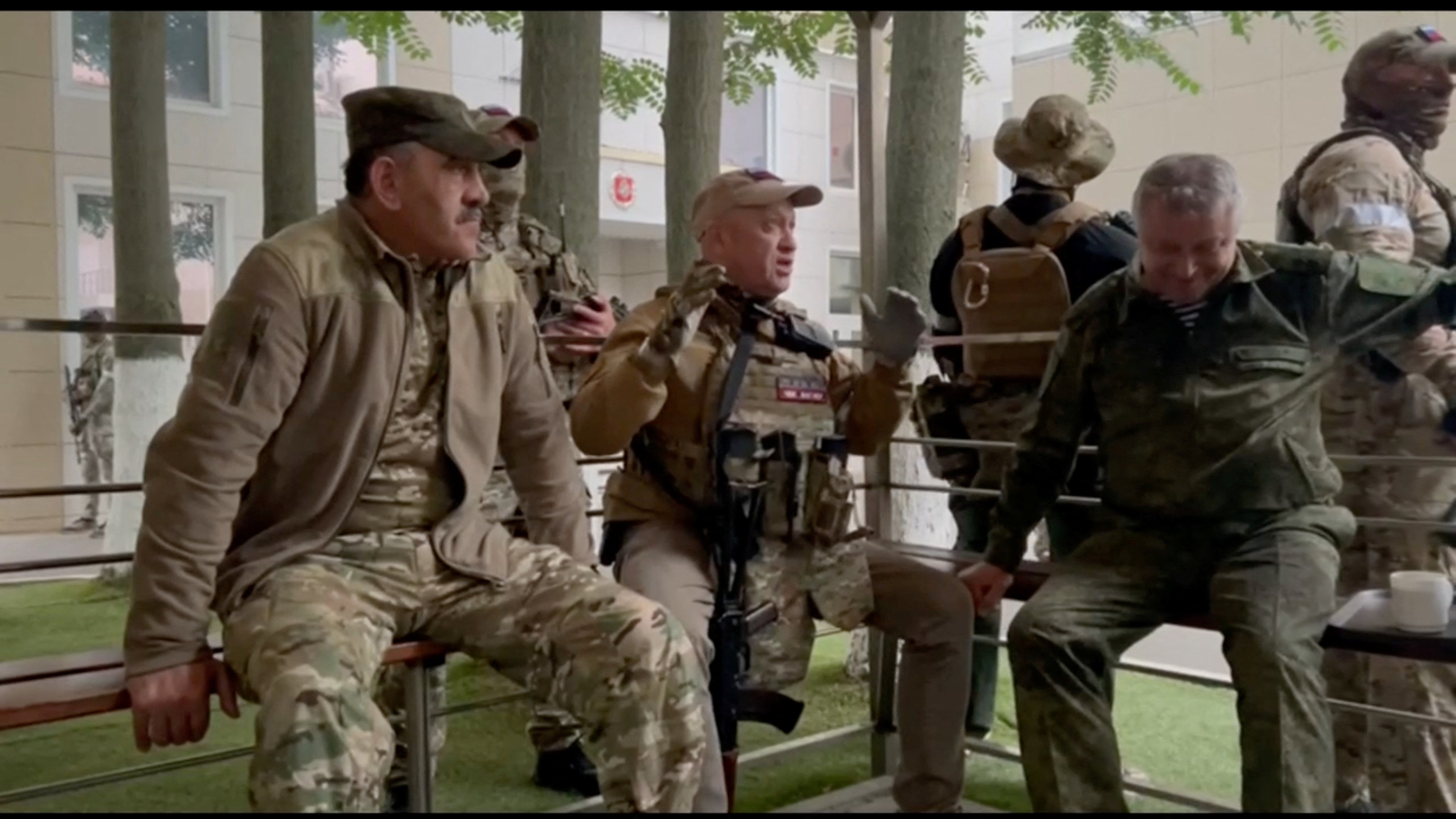 Founder of Wagner private mercenary group Yevgeny Prigozhin meets with Russia's Deputy Minister of Defense Yunus-Bek Yevkurov, at the headquarters of the Southern Military District of the Russian Armed Forces, in Rostov-on-Don, Russia, in this screen grab from a video released on June 24, 2023
