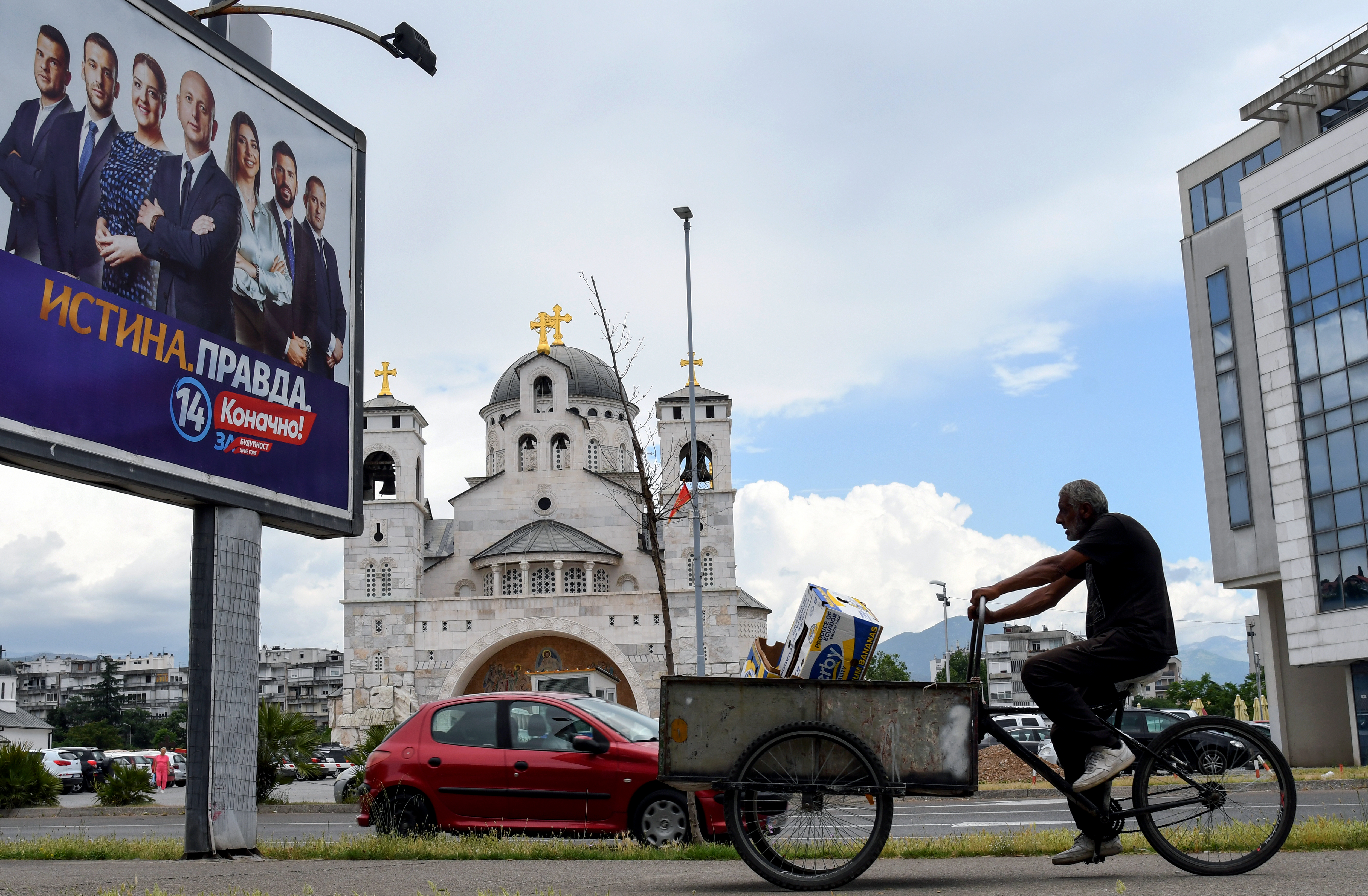 Billboards promoting political parties are seen on the streets of Montenegro’s capital, Podgorica