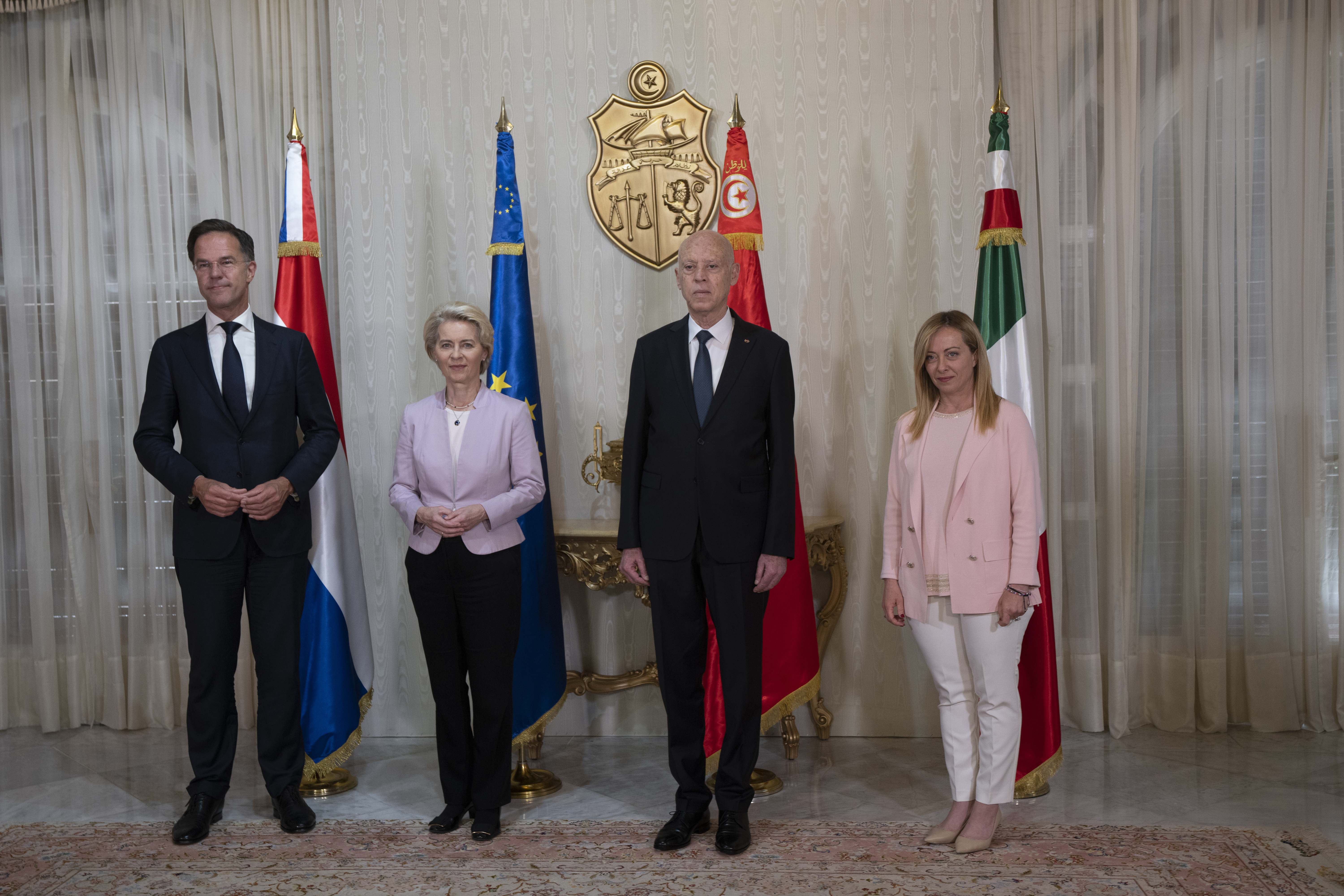 From left, Dutch Prime Minister Mark Rutte, European Commission President Ursula von der Leyen, Tunisian President Kais Saied, and Italian Premier Giorgia Meloni in Tunis, June 11, 2023