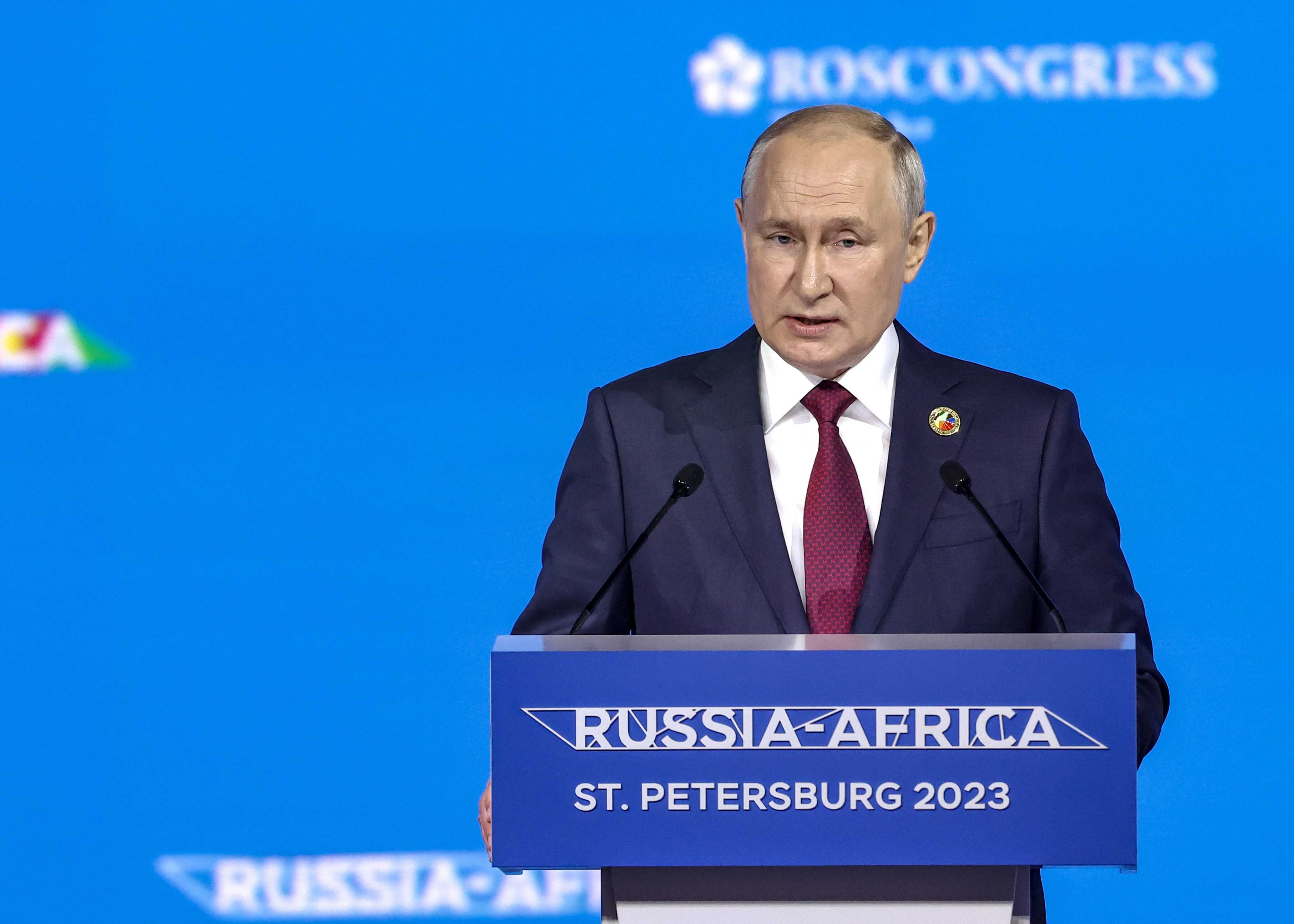 Russian President Vladimir Putin gives a speech at the plenary session of the second Russia-Africa summit in Saint Petersburg
