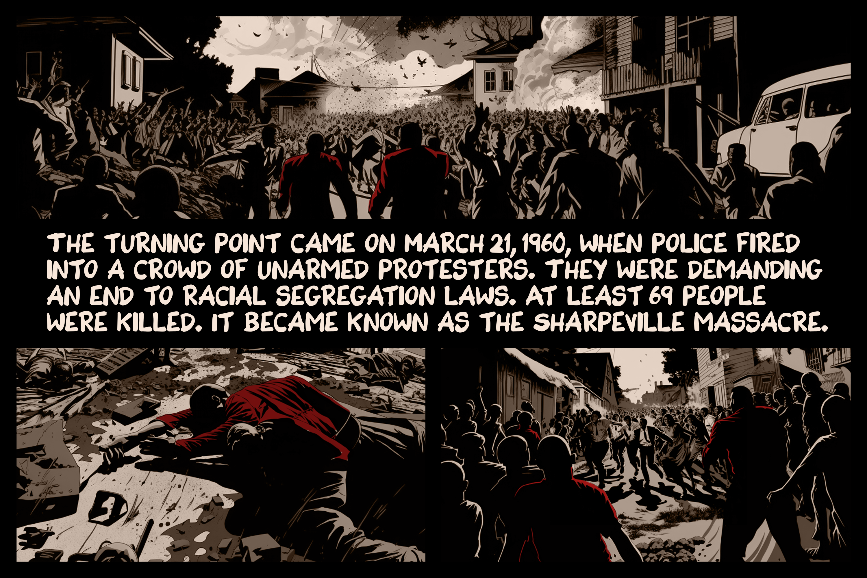 The turning point came on March 21, 1960, when police fired into a crowd of unarmed protesters. They were demanding an end to racial segregation laws. At least 69 people were killed. It became known as the Sharpeville massacre.