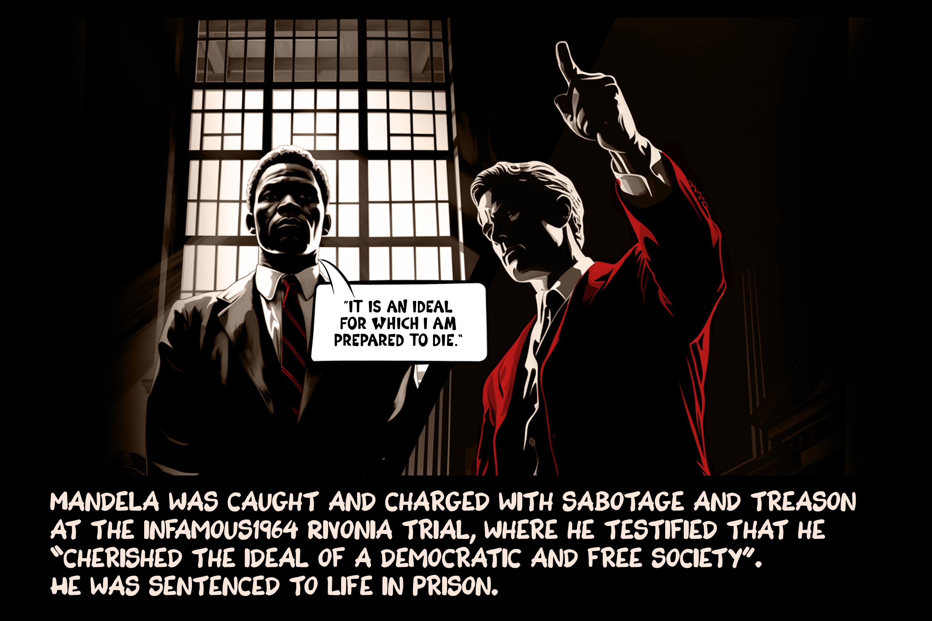 Mandela was caught and charged with sabotage and treason at the infamous 1964 Rivonia trial, where he testified that he “cherished the ideal of a democratic and free society”. He was sentenced to life in prison.