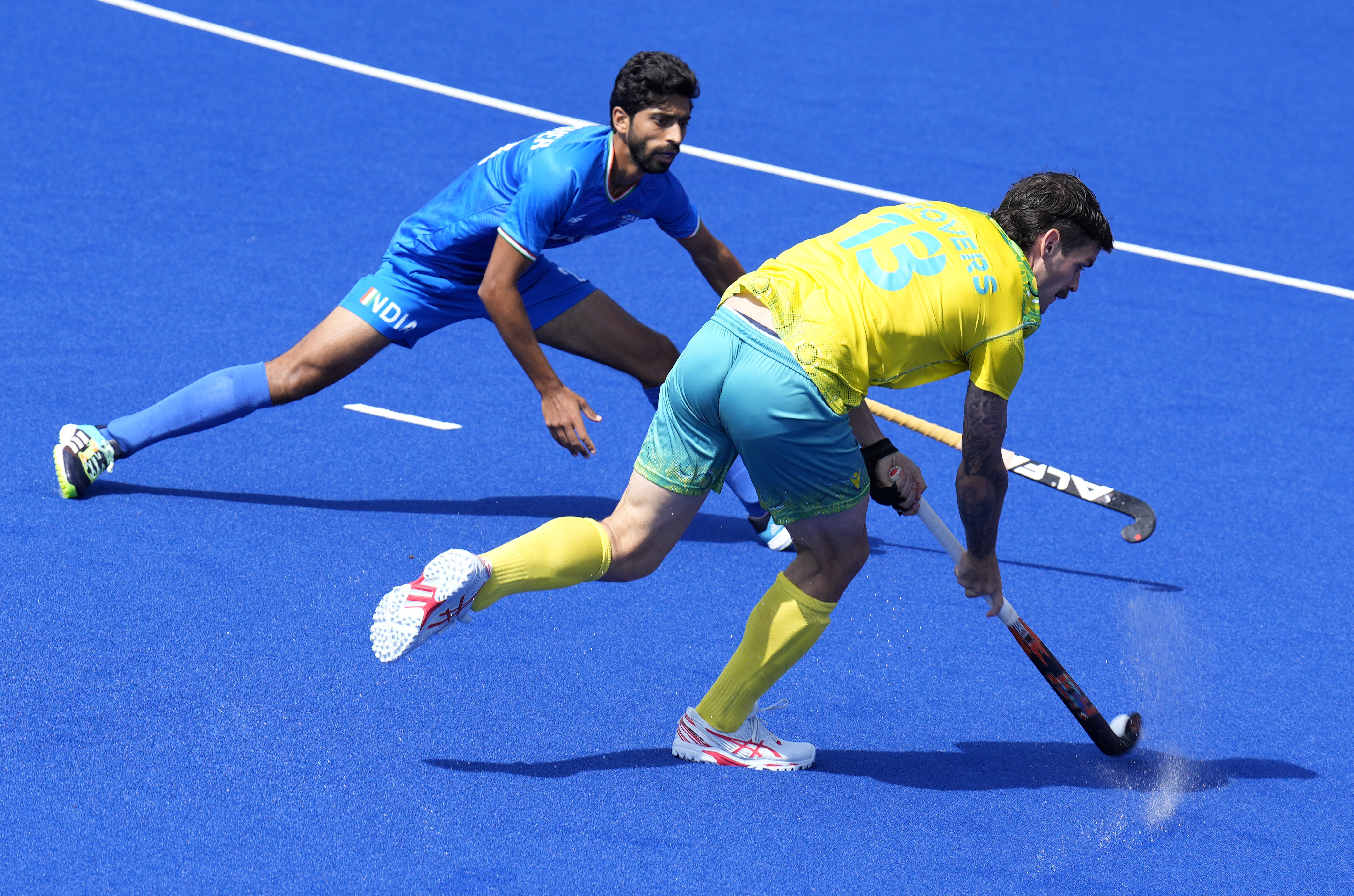 India’s Shamsher Singh left and Australia’s Blake Govers, during the men’s final hockey match between Australia and India at the Commonwealth Games in Birmingham, England, on Monday, August 8, 2022