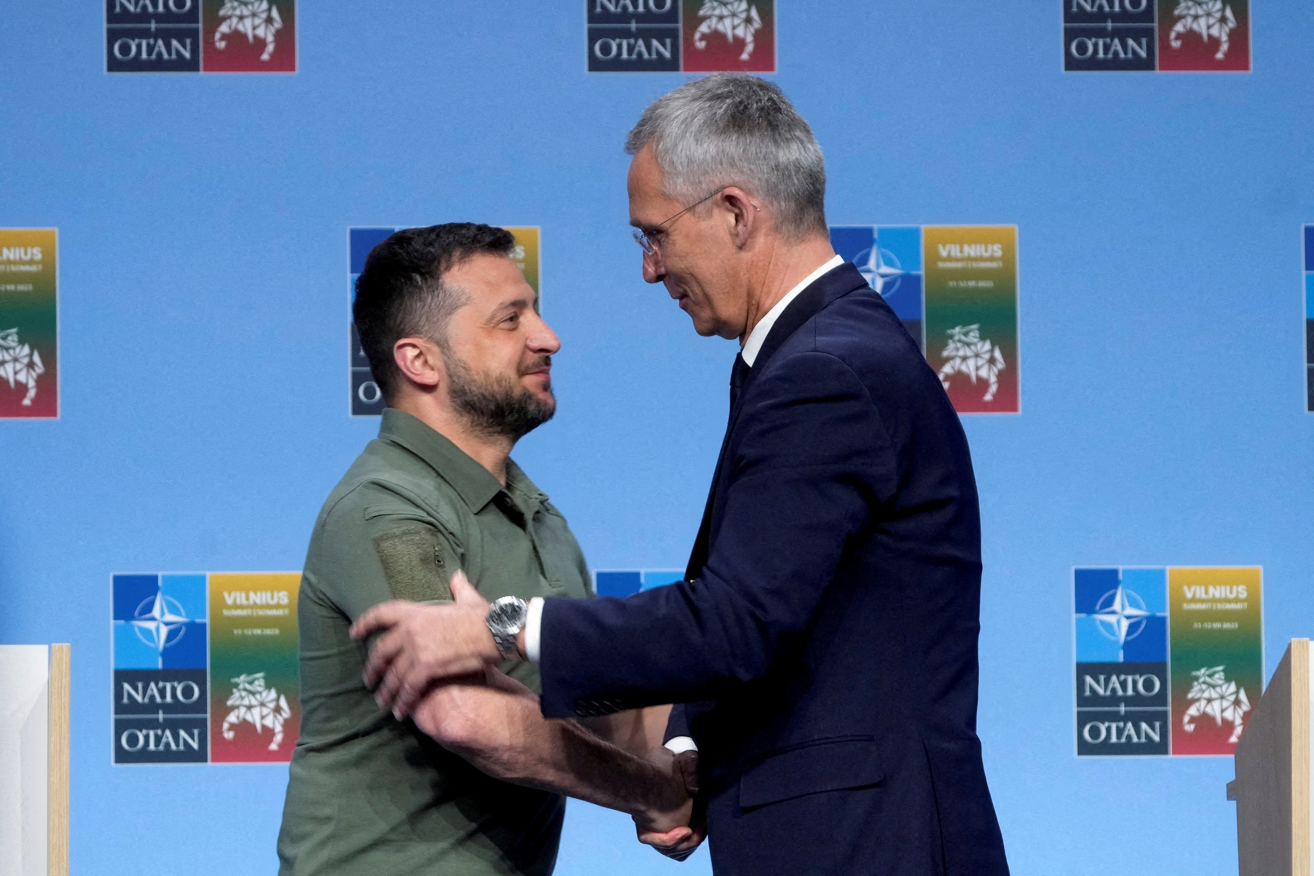 Ukrainian President Volodymyr Zelenskyy, left, greets NATO Secretary-General Jens Stoltenberg warmly at the NATO summit in Vilnius, Lithuania, in July but expressed frustration with the summit’s outcome