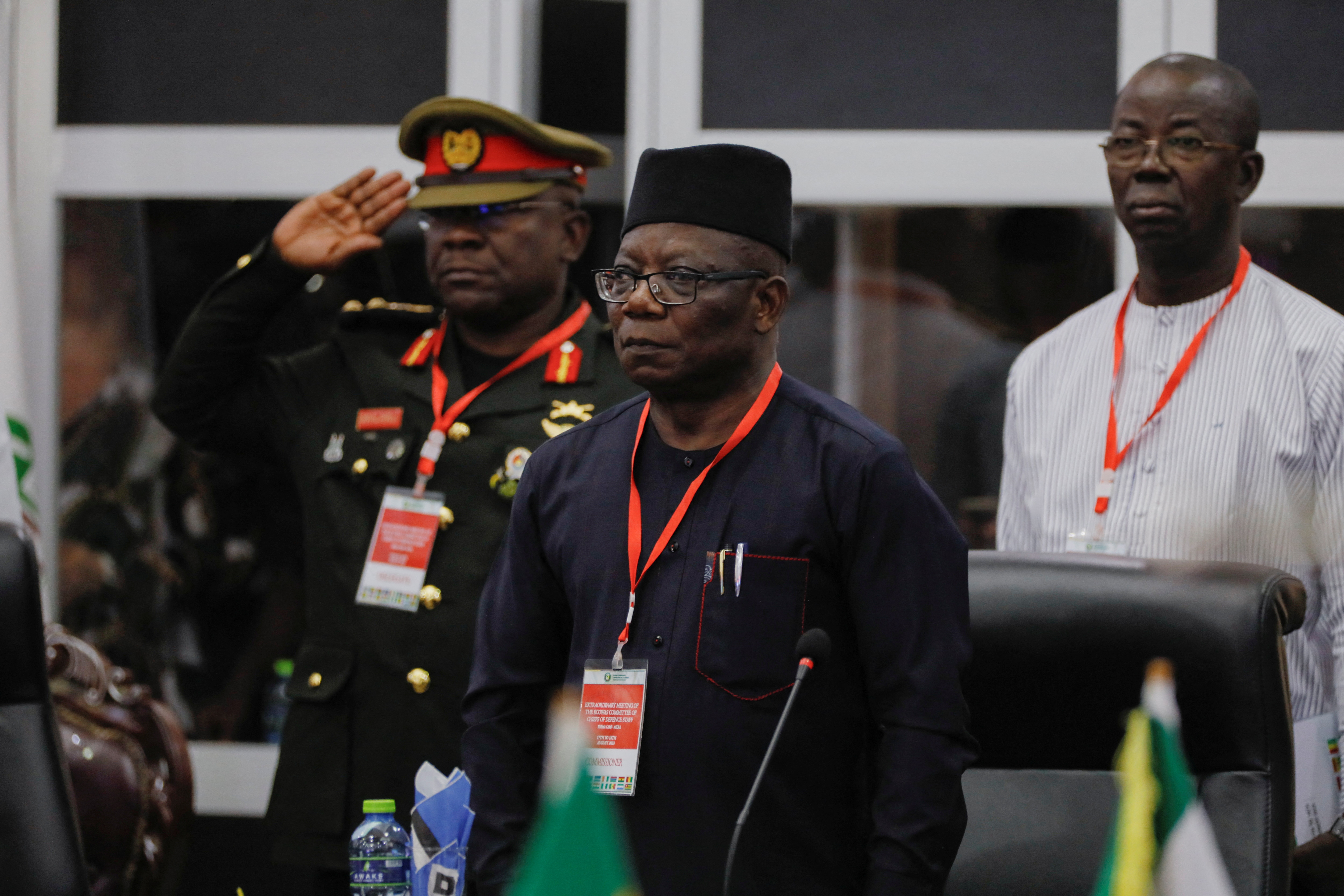 Abdel-Fatau Musah, ECOWAS commissioner, attends the meeting with the ECOWAS Committee of Chiefs of Defense staff on the deployment of its standby force in the Republic of Niger, in Accra, Ghana