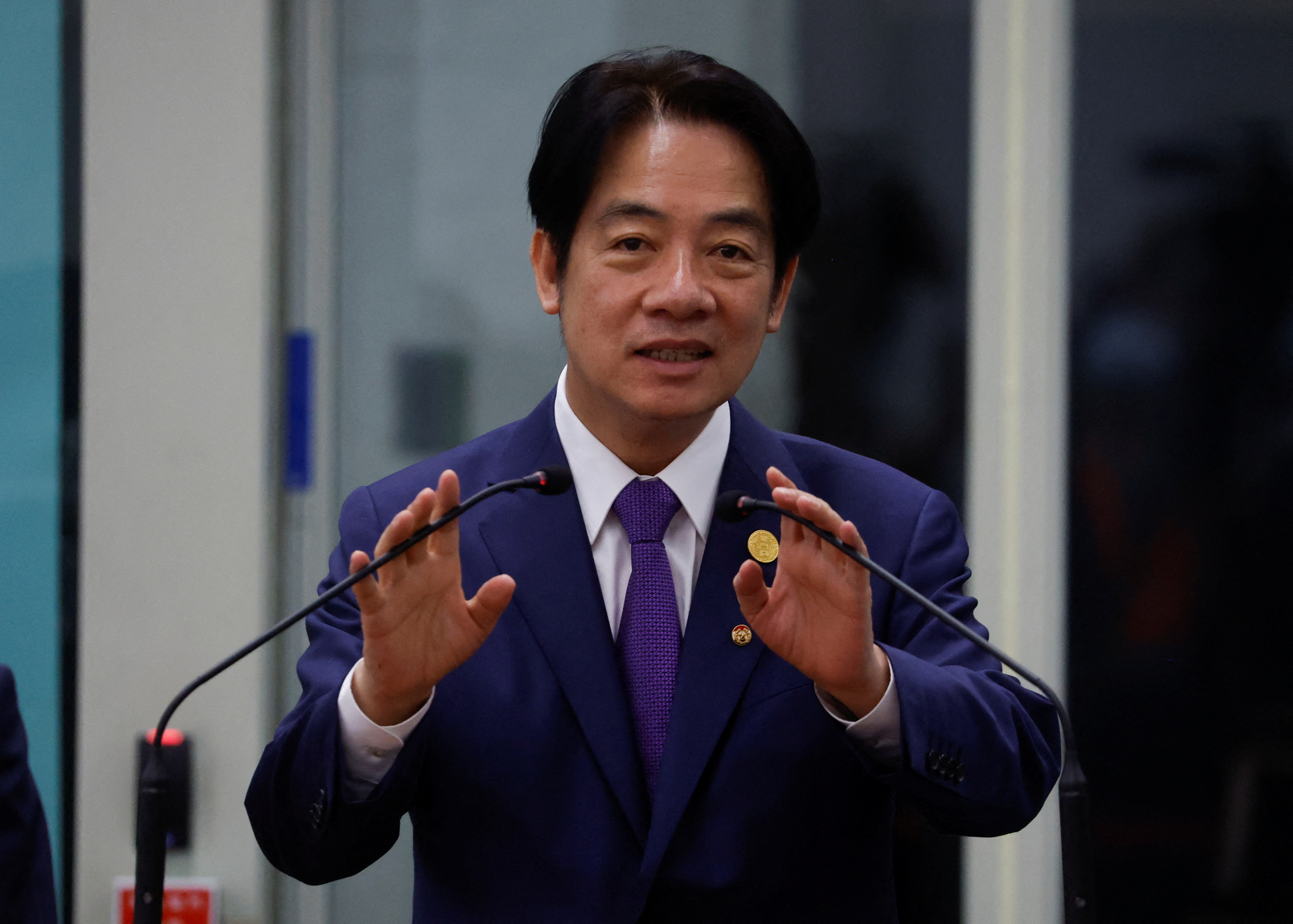 Taiwan’s Vice President William Lai speaks at Taoyuan International Airport