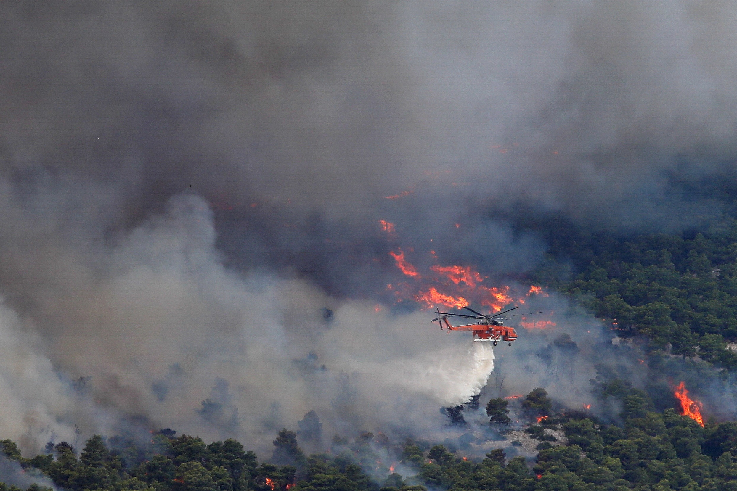 A helicopter sprays down water as a wildfire burns in Menidi, near Athens