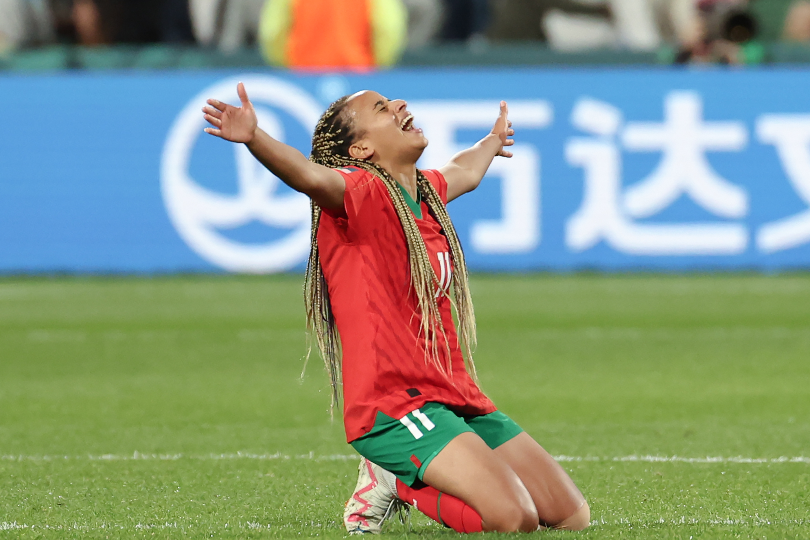 Morocco forward Fatima Tagnaout celebrates after her team’s victory over Colombia that sent them to the round of 16 on August 3, 2023