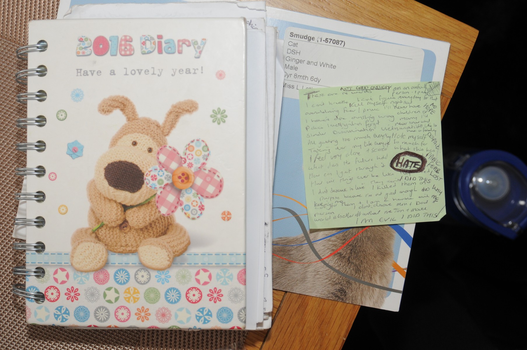 An undated handout image released by Cheshire Constabulary police force in Manchester on August 17, 2023, shows a hand-written note alongside the 2016 Diary of nurse Lucy Letby.
