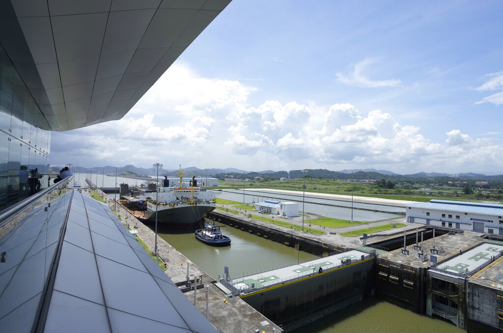 A cargo ship passes through the Panama Canal’s Cocoli Locks