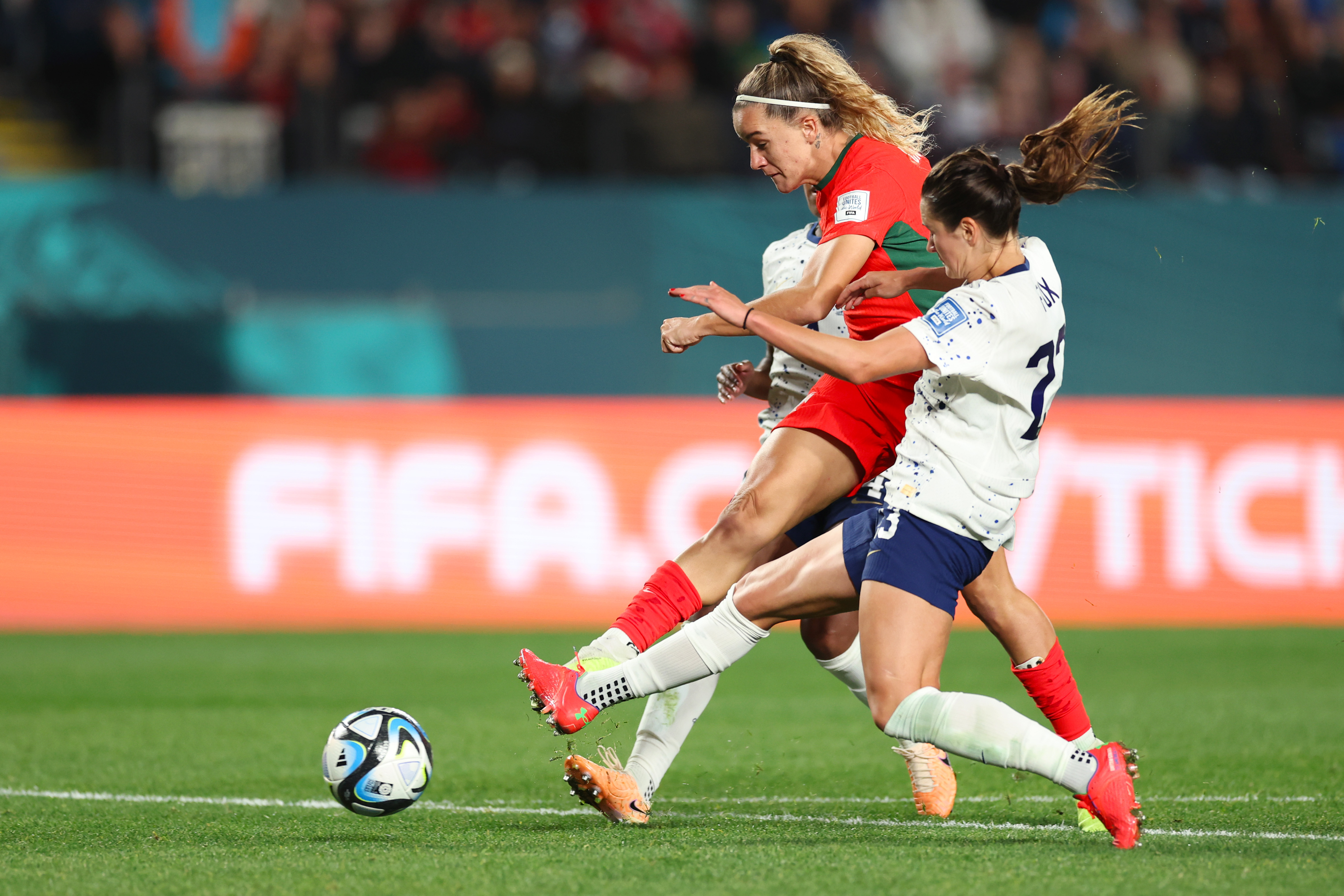 Ana Capeta of Portugal shoots at goal which hits a post