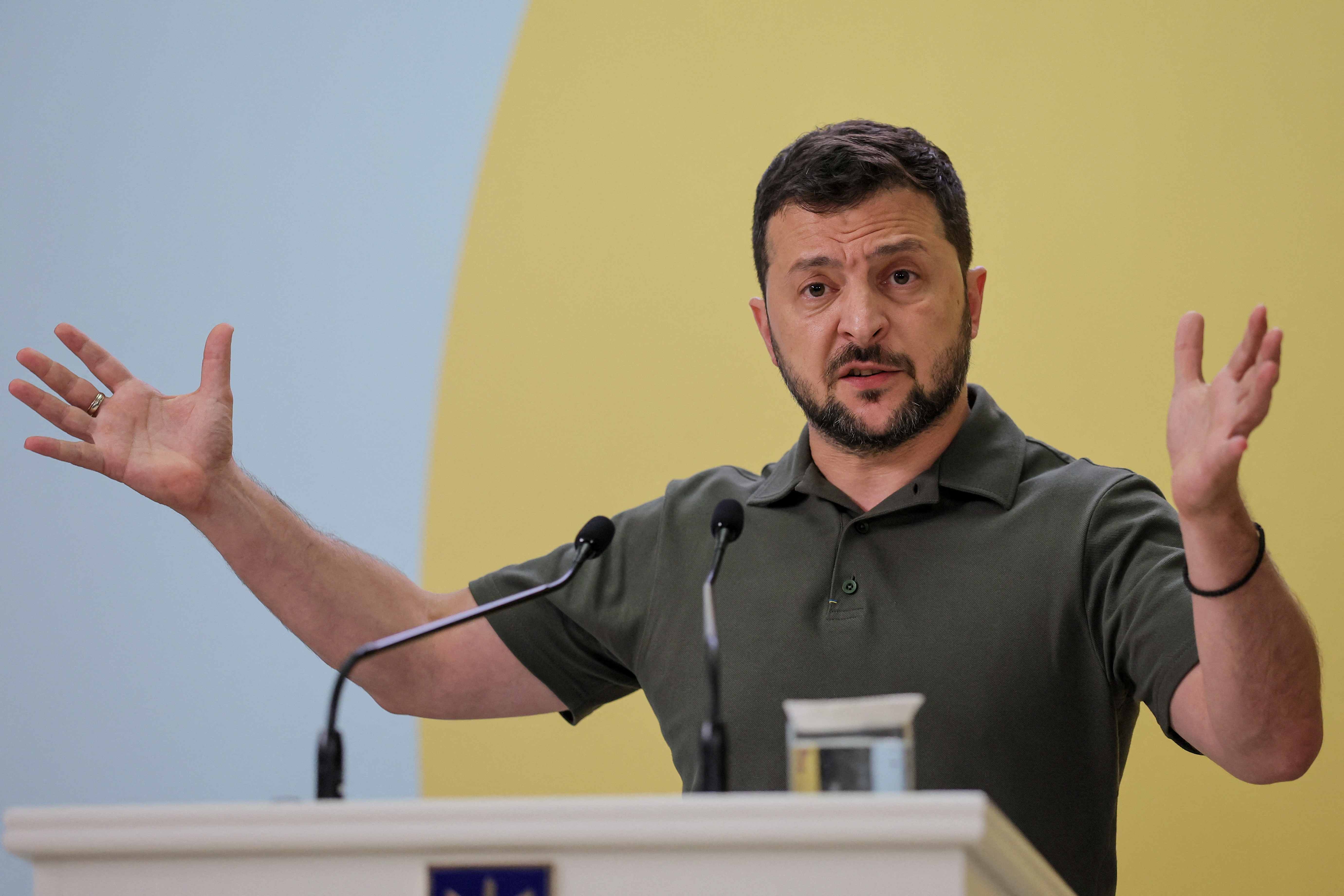 Ukrainian President Volodymyr Zelensky speaks at the press conference after the opening session of Crimea Platform conference in Kyiv, Ukraine, 23 August 2023. The Crimea Platform – is an international consultation and coordination format initiated by Ukraine.