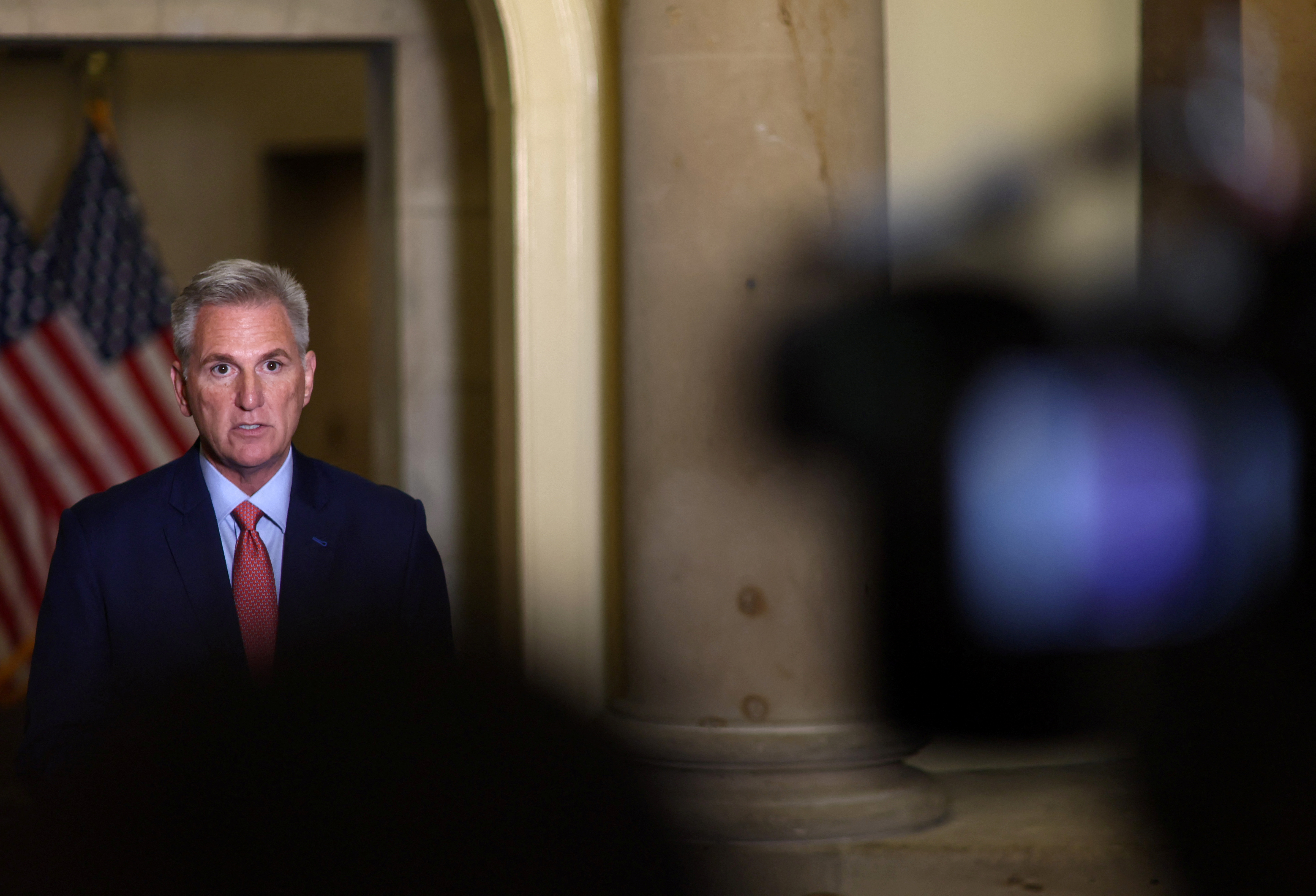 Video cameras film a news conference by Kevin McCarthy at the US Capitol