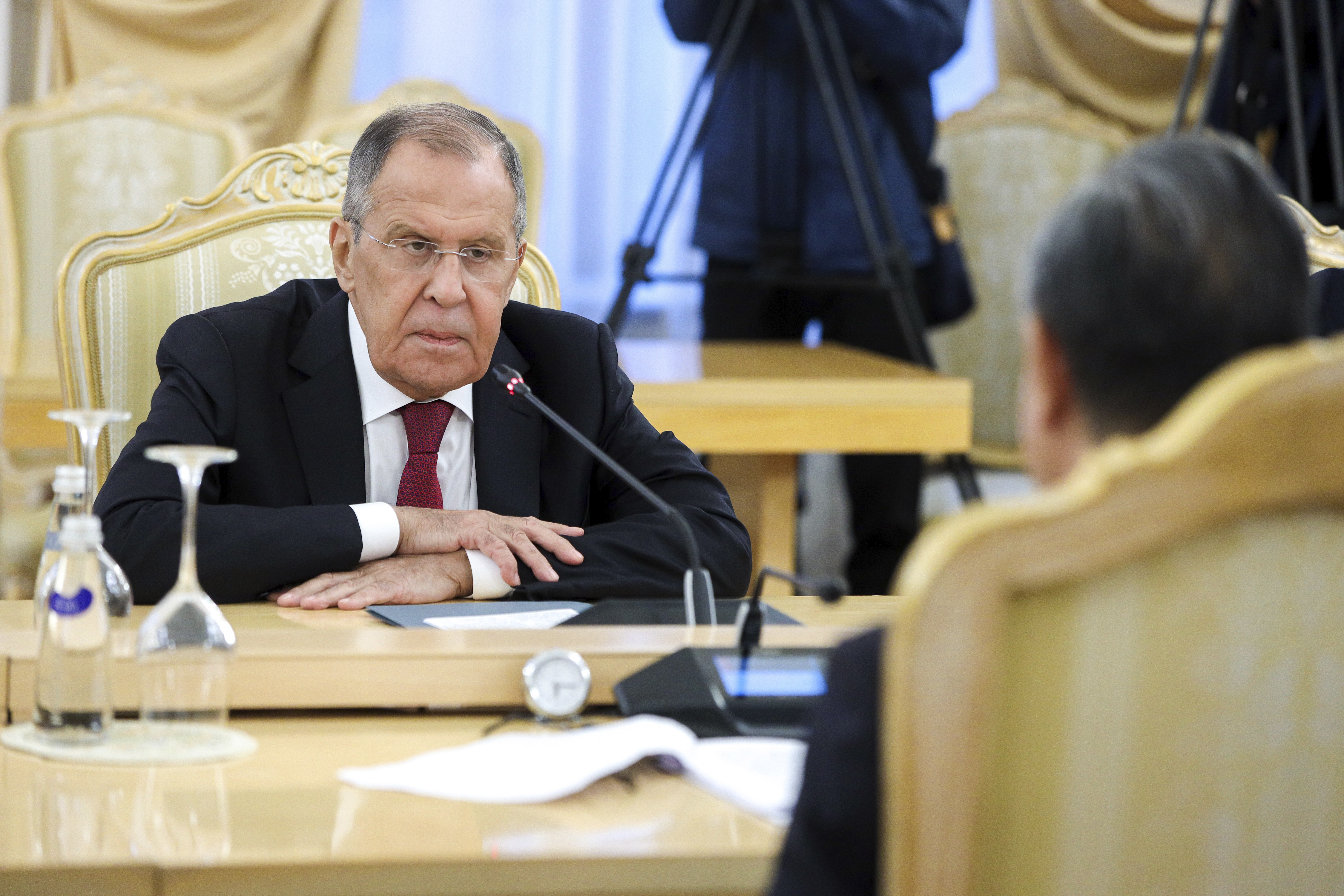 In this photo released by Russian Foreign Ministry Press Service, Russian Foreign Minister Sergey Lavrov, left, listens to Chinese Foreign Minister Wang Yi during their talks in Moscow, Russia, Monday, Sept. 18, 2023. 