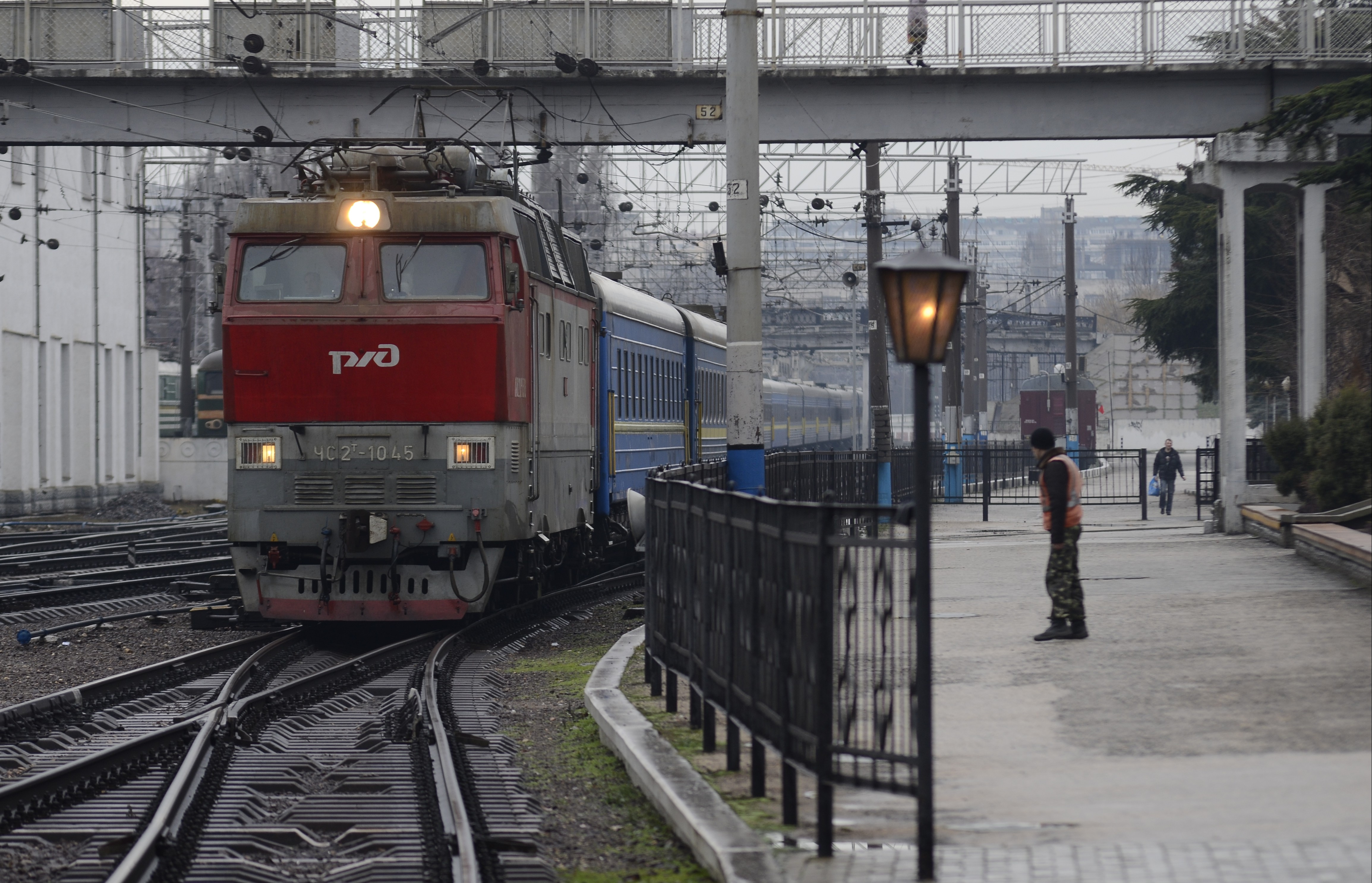 A train from Ukraine arrives at a railway station in Simferopol, Crimea