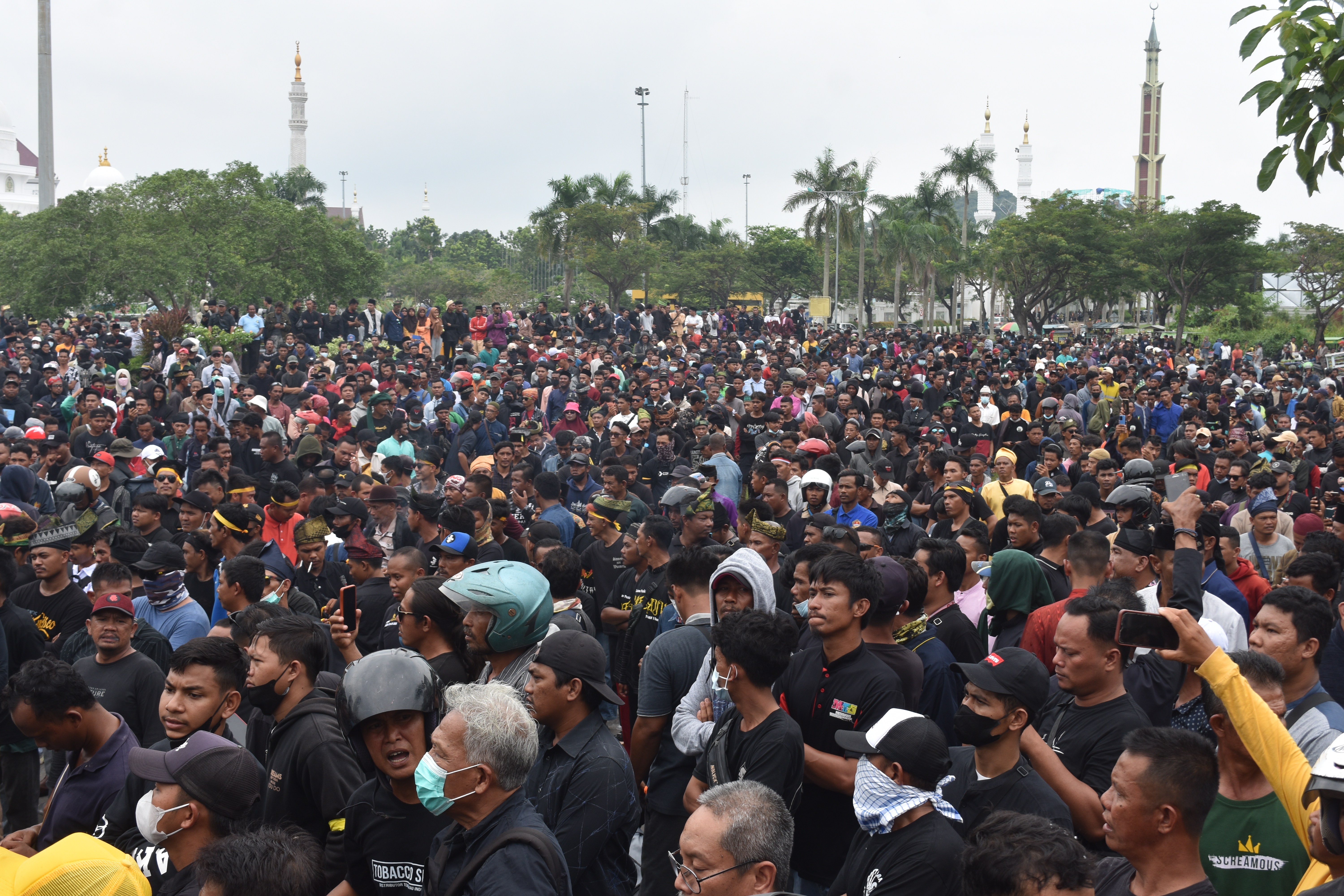 A large crowd of protesters showing their opposition to an 'eco-city' project on Indonesia's Rempang island