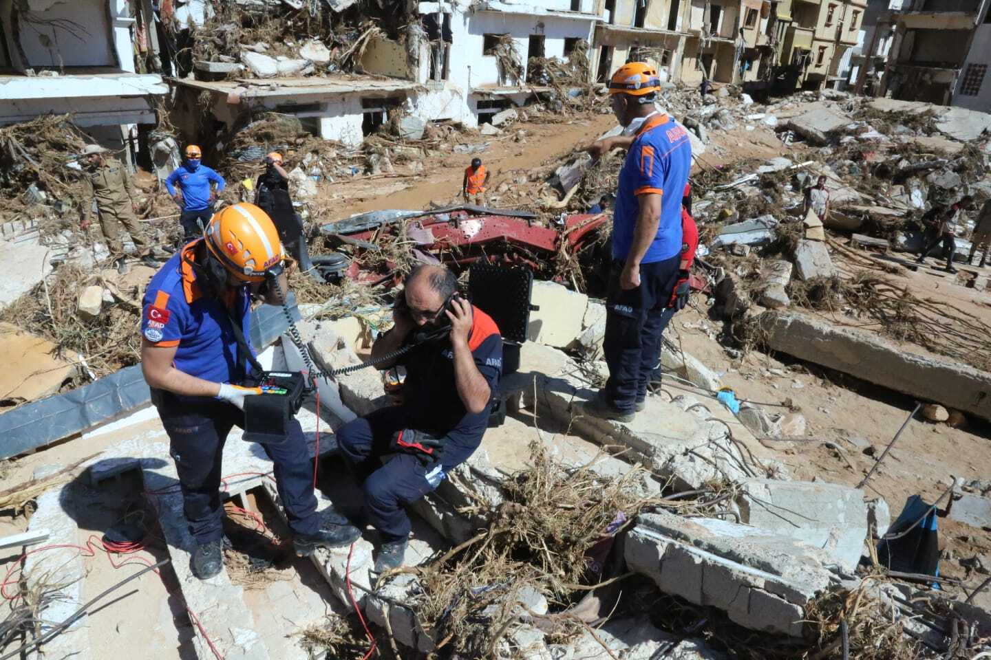 LIBYA - SEPTEMBER 13: (----EDITORIAL USE ONLY - MANDATORY CREDIT - 'TURKISH DISASTER AND EMERGENCY MANAGEMENT AUTHORITY (AFAD) / HANDOUT' - NO MARKETING NO ADVERTISING CAMPAIGNS - DISTRIBUTED AS A SERVICE TO CLIENTS----) Teams of Turkiye's State Disaster and Emergency Management Authority (AFAD) join search and rescue operations to save lives following devastating floods in Libya on September 13, 2023. Torrential rains from Storm Daniel swept several areas in eastern Libya on Sunday, killing more than 6,000 people with thousands still missing, according to officials. (Photo by Turkiye's Disaster & Emergency Management Authority (AFAD)/ Handout/Anadolu Agency via Getty Images)