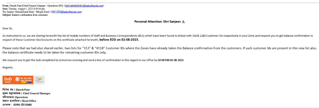 This email from the bank’s head office to the zonal office of Bhopal shows that bank employees’ mobile numbers stood linked with customers’ accounts