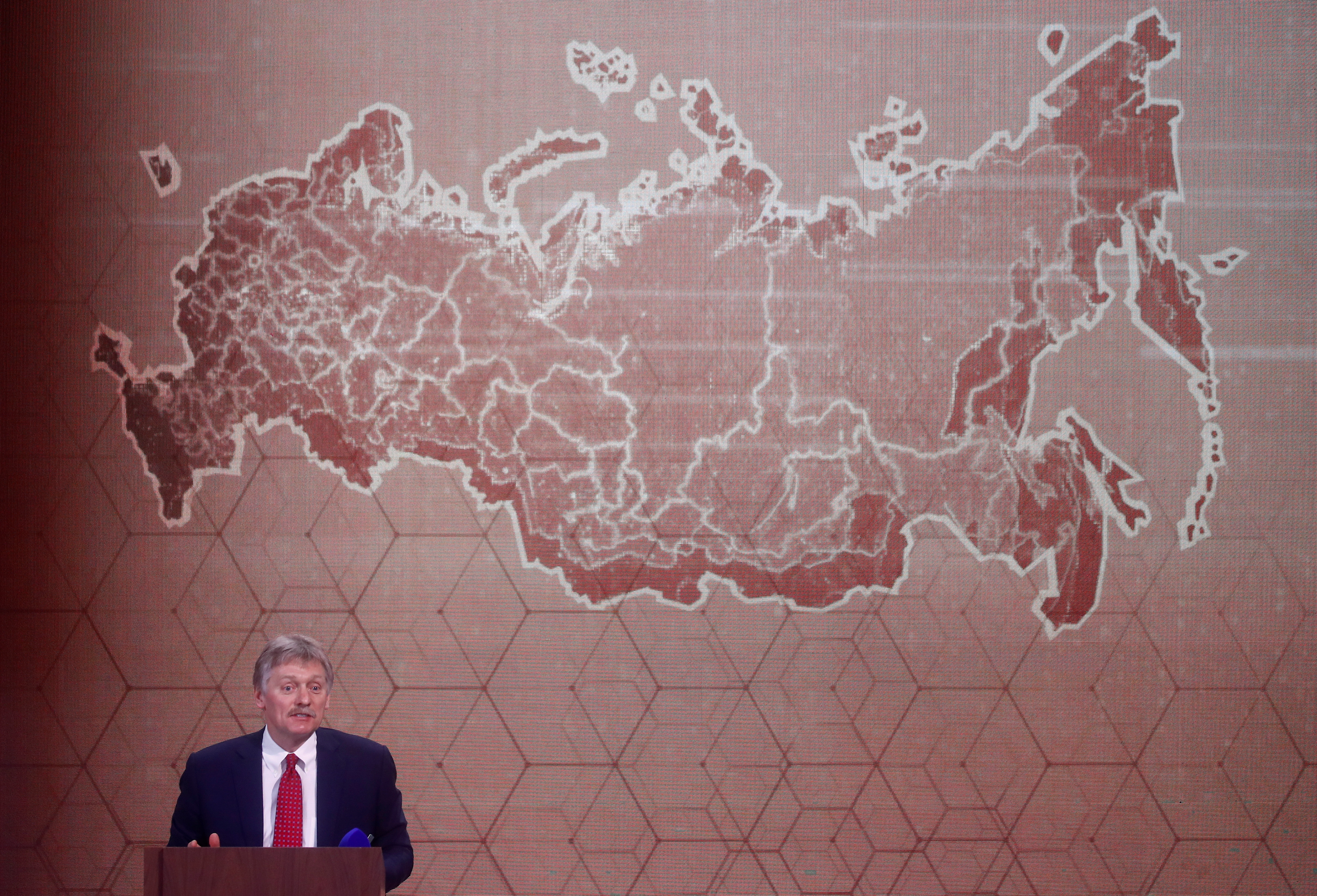 Kremlin spokesman Dmitry Peskov attends Russian President Vladimir Putin's annual end-of-year news conference, held online in a video conference mode, in Moscow, Russia December 17, 2020. REUTERS/Maxim Shemetov