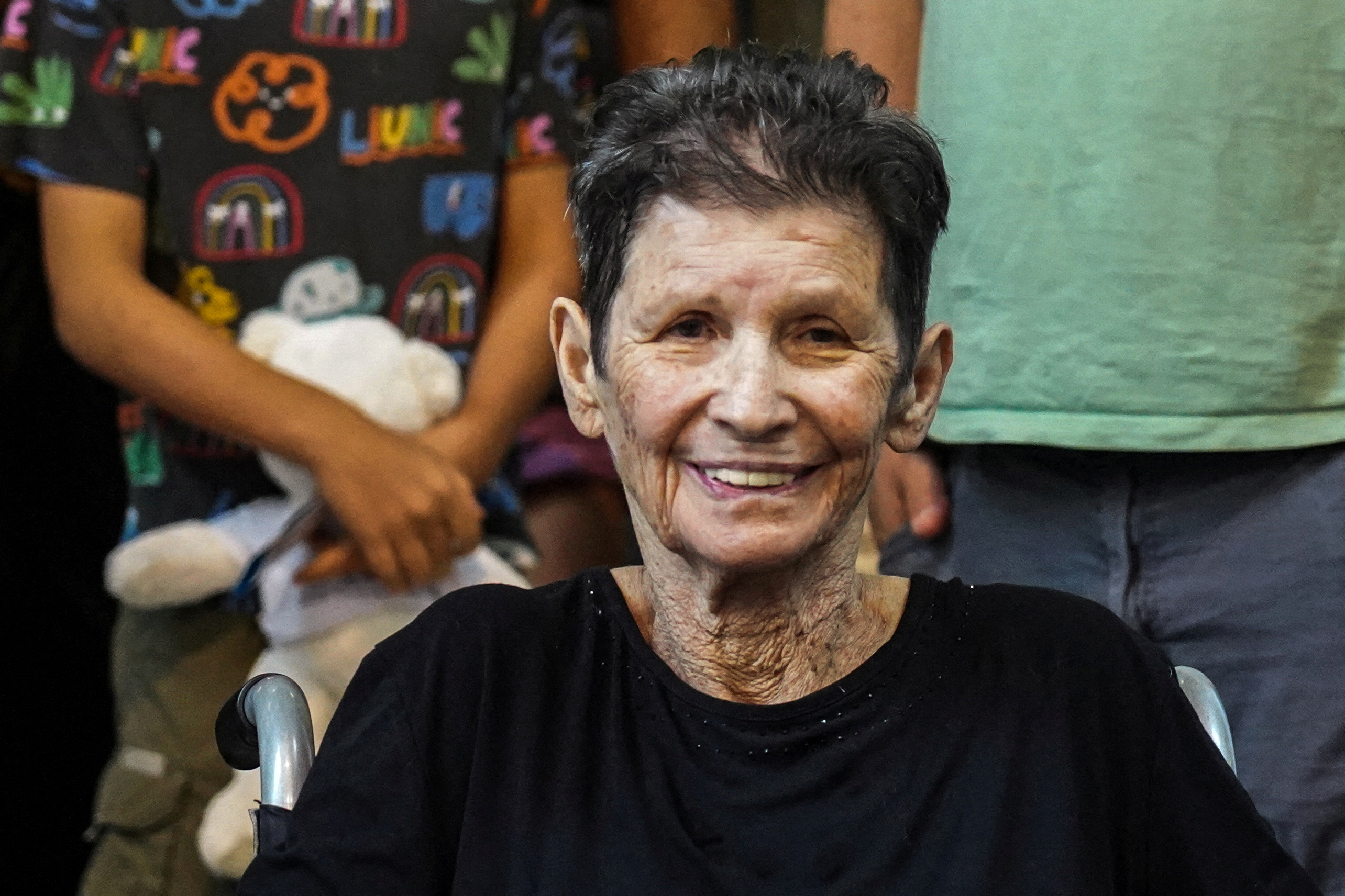 Yokheved Lifshitz, 85, an Israeli grandmother who was held by Hamas in Gaza, smiles after being released at Ichilov Hospital in Tel Aviv, Israel, on October 24, 2023