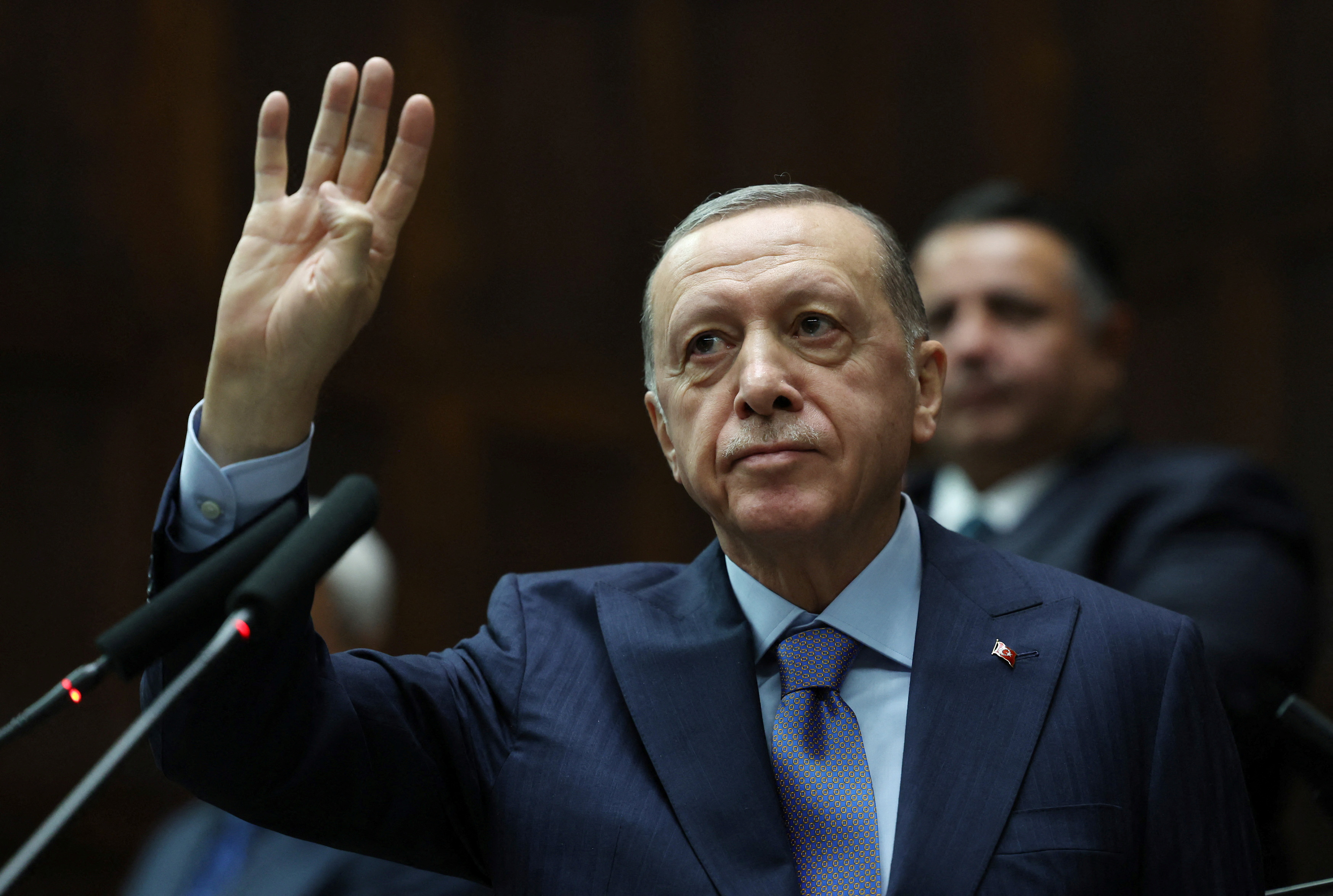 Turkish President Tayyip Erdogan greets members of parliament from his ruling AK Party (AKP) during a meeting at the Turkish parliament in Ankara, Turkey, October 25, 2023. Murat Cetinmuhurdar/PPO/Handout via REUTERS THIS IMAGE HAS BEEN SUPPLIED BY A THIRD PARTY. NO RESALES. NO ARCHIVES