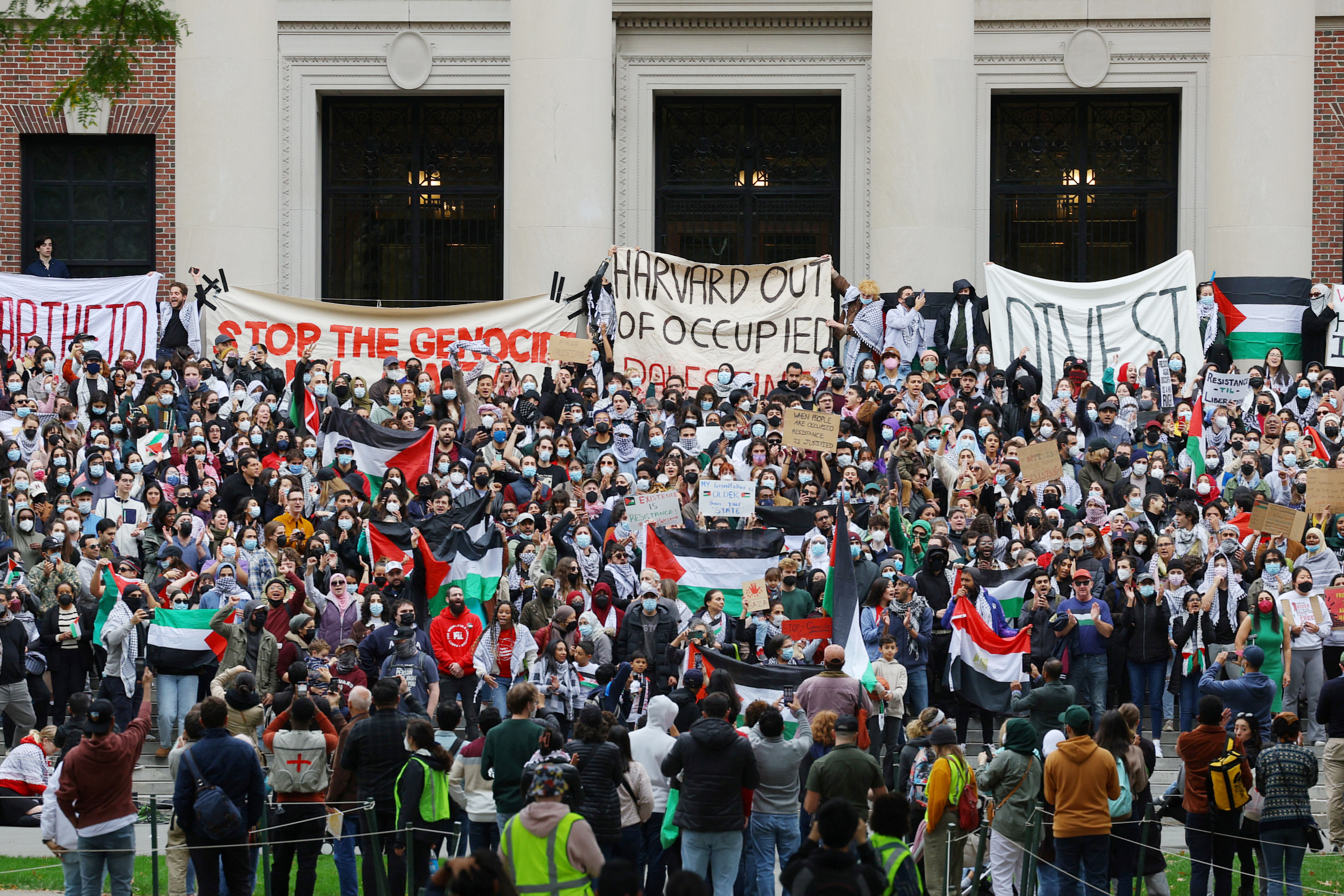 Protesters gather at Harvard University in Cambridge, Massachusetts to show support for Palestinians facing bombardment in Gaza on October 14