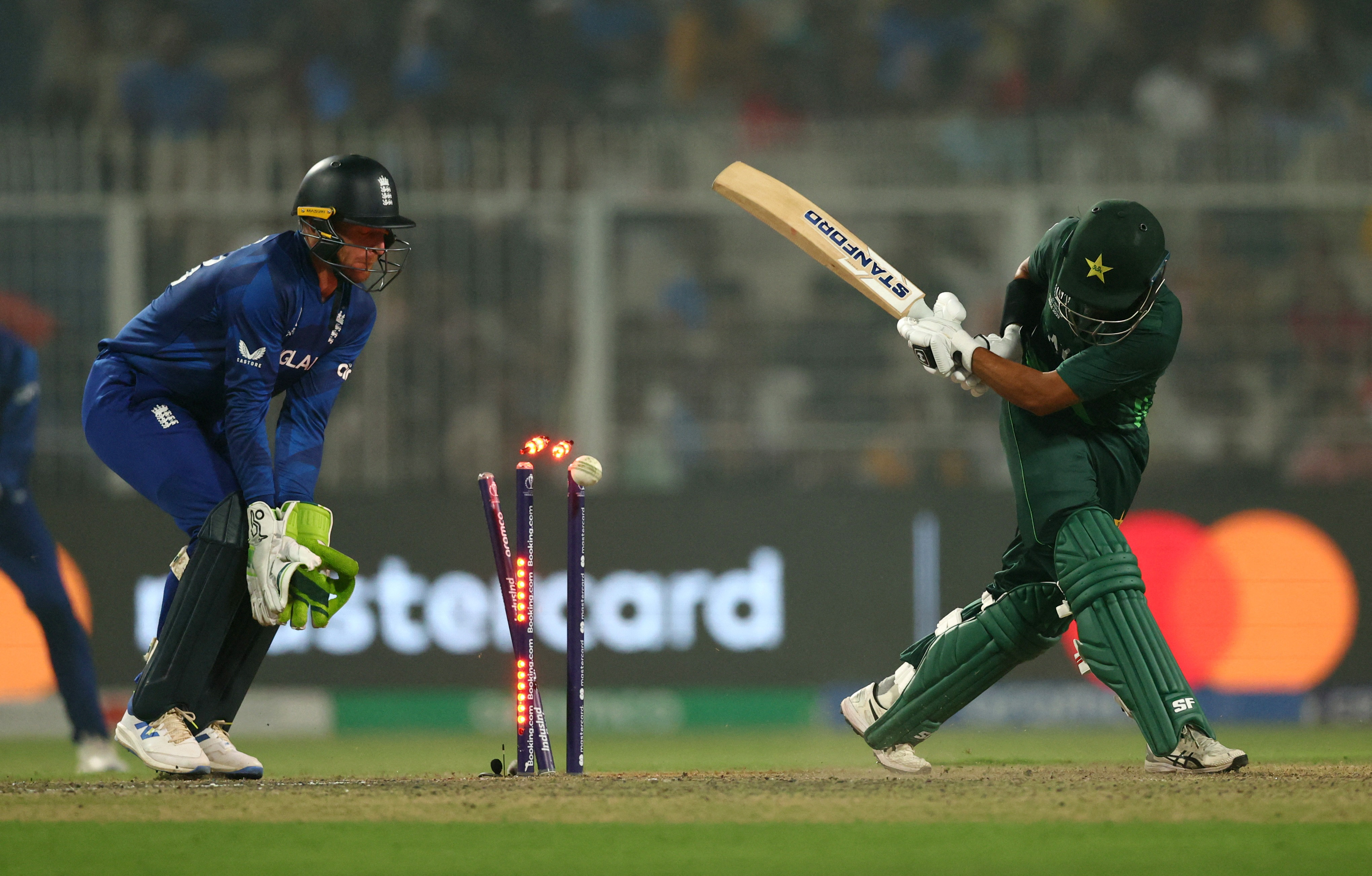 Pakistan's Saud Shakeel is bowled out by England's Adil Rashid