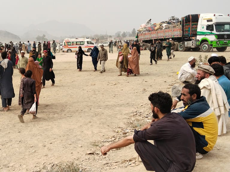 Afghan refugees in an open ground at Landi Kotal, 6km from Torkham border