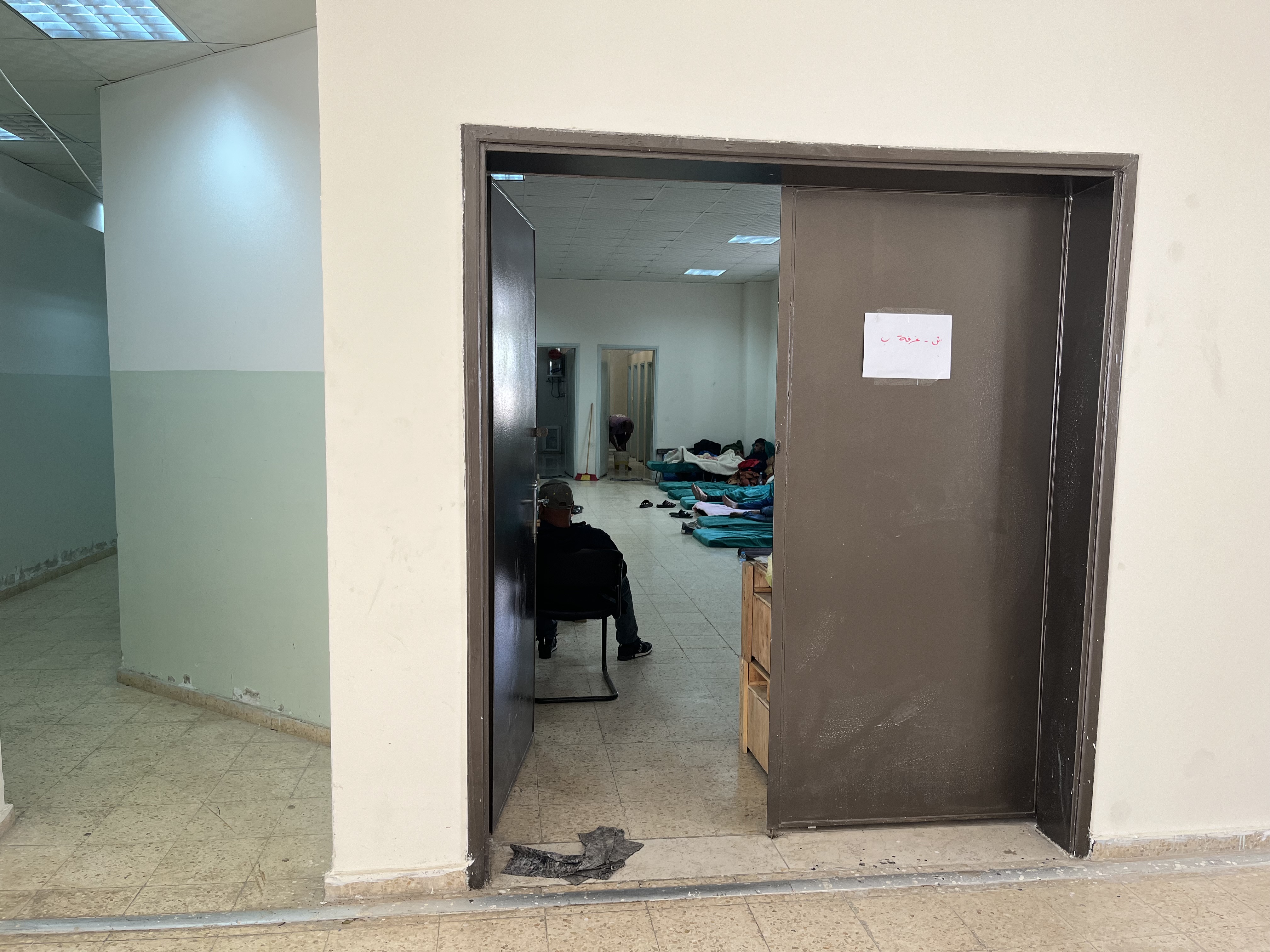 Sleeping quarters at the Nablus Municipal Stadium, where residents of Gaza are stranded, unable to return home to their families