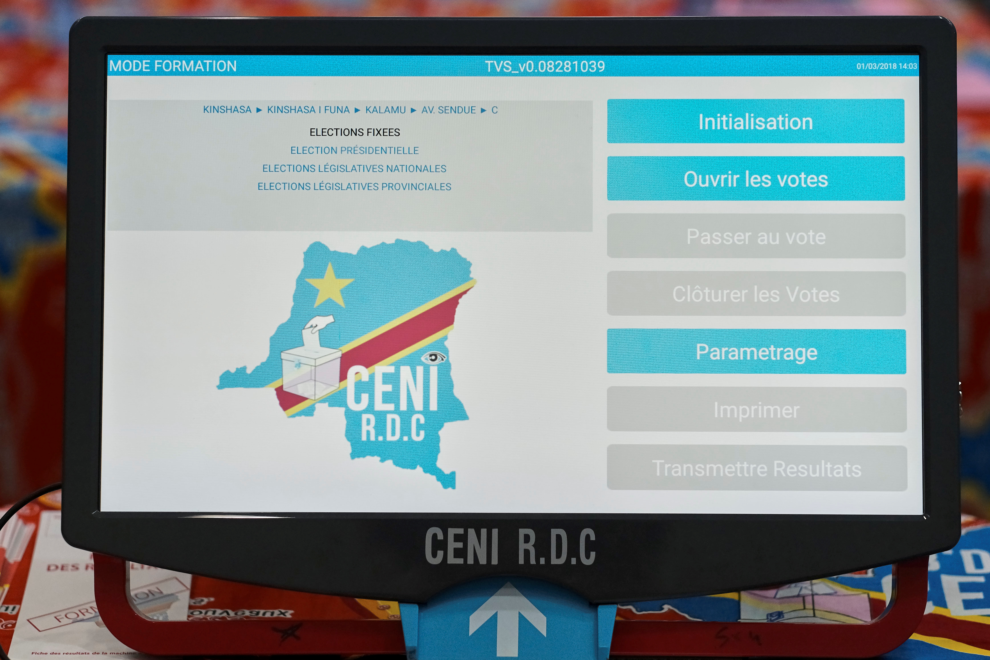 An electronic voting machine is seen inside the DRC's electoral commission (CENI) head offices at the Gombe Municipality in Kinshasa