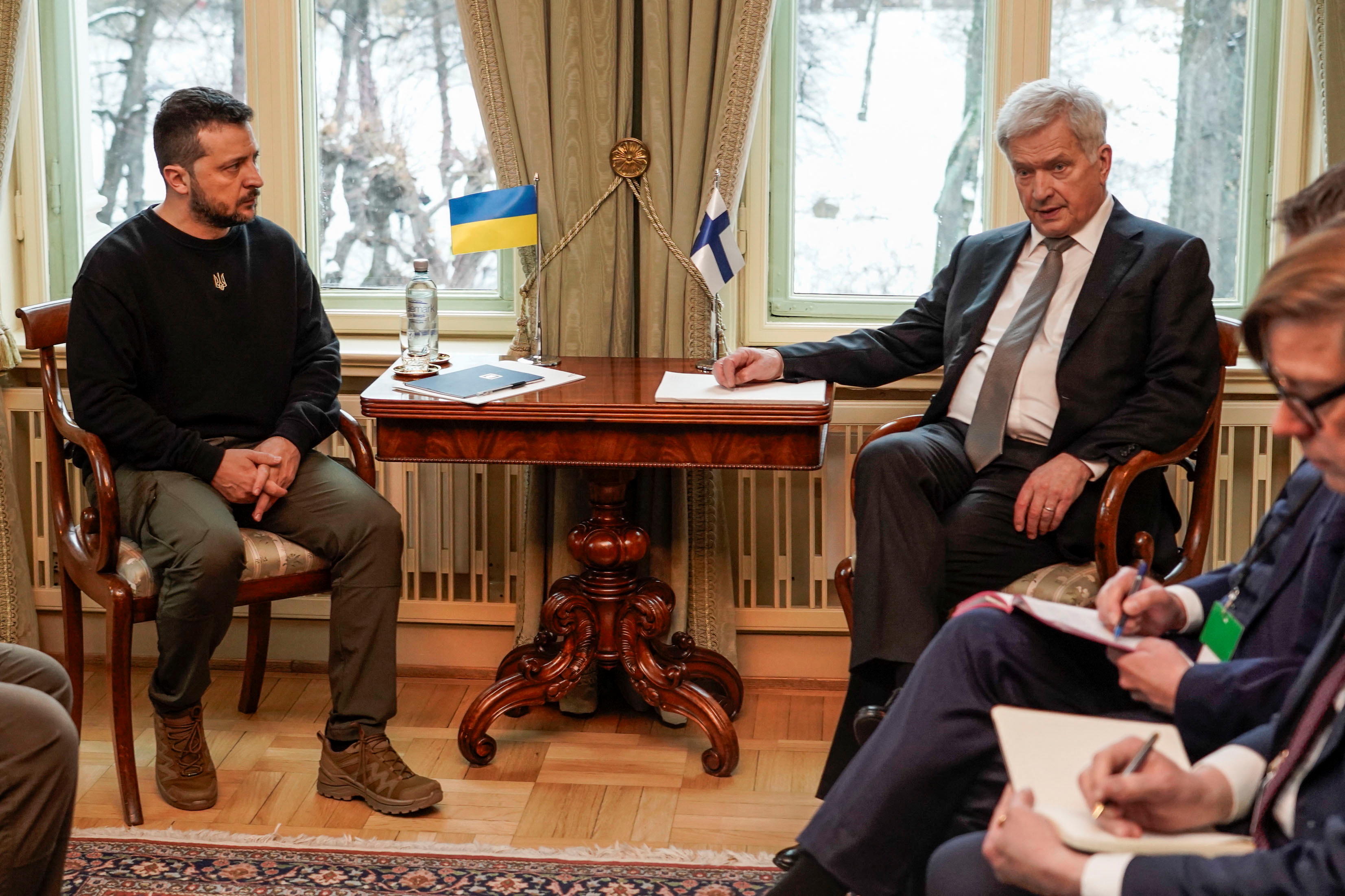 Ukraine's President Volodymyr Zelenskiy and Finland's President Sauli Niinisto attend the Nordic summit in Oslo, Norway, December 13, 2023. NTB/Heiko Junge/via REUTERS ATTENTION EDITORS - THIS IMAGE WAS PROVIDED BY A THIRD PARTY. NORWAY OUT. NO COMMERCIAL OR EDITORIAL SALES IN NORWAY.