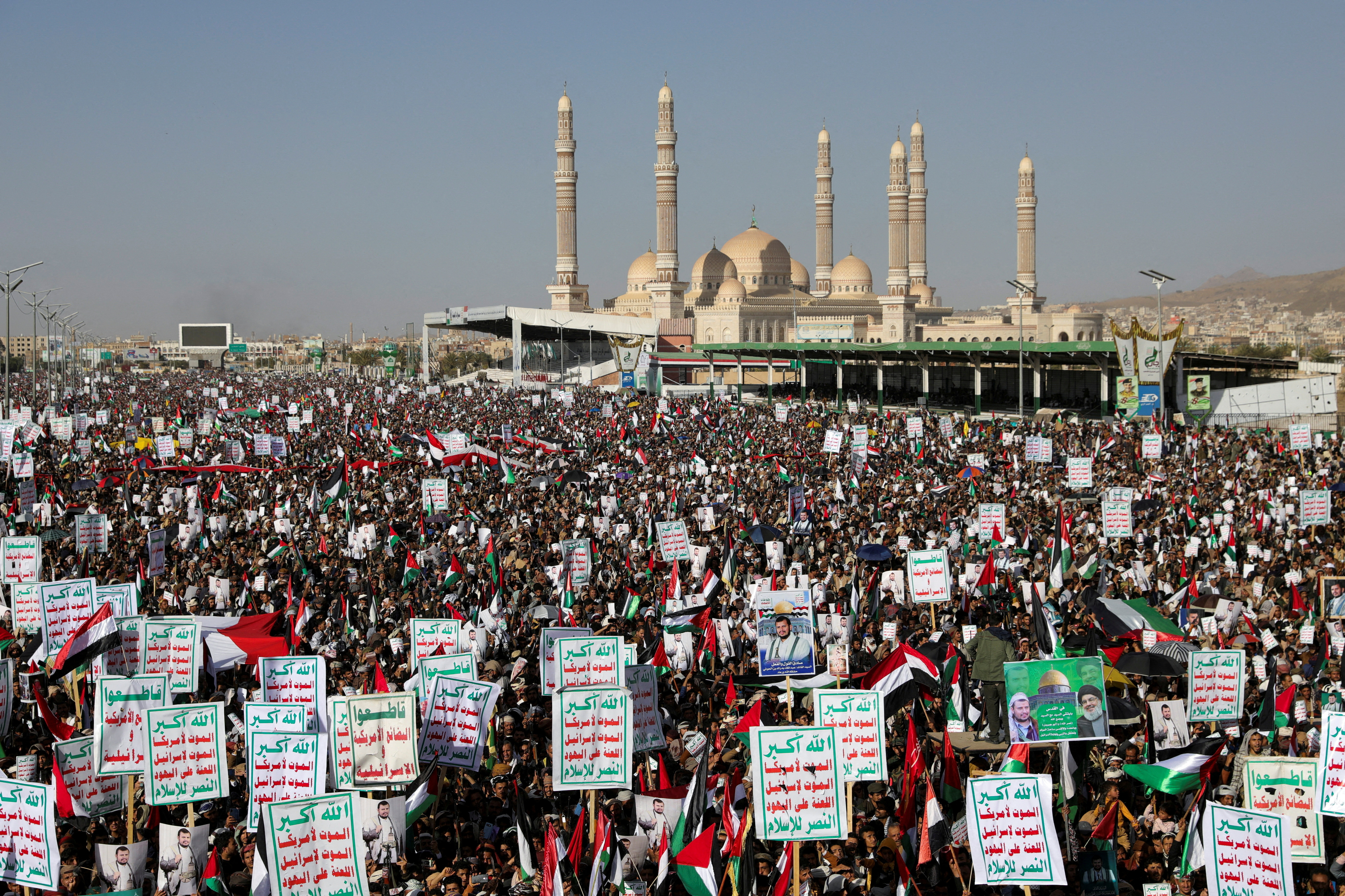 Supporters of the Houthi movement rally to denounce air strikes launched by the US. and Britain on Houthi targets, in Sanaa, Yemen January 12, 2024