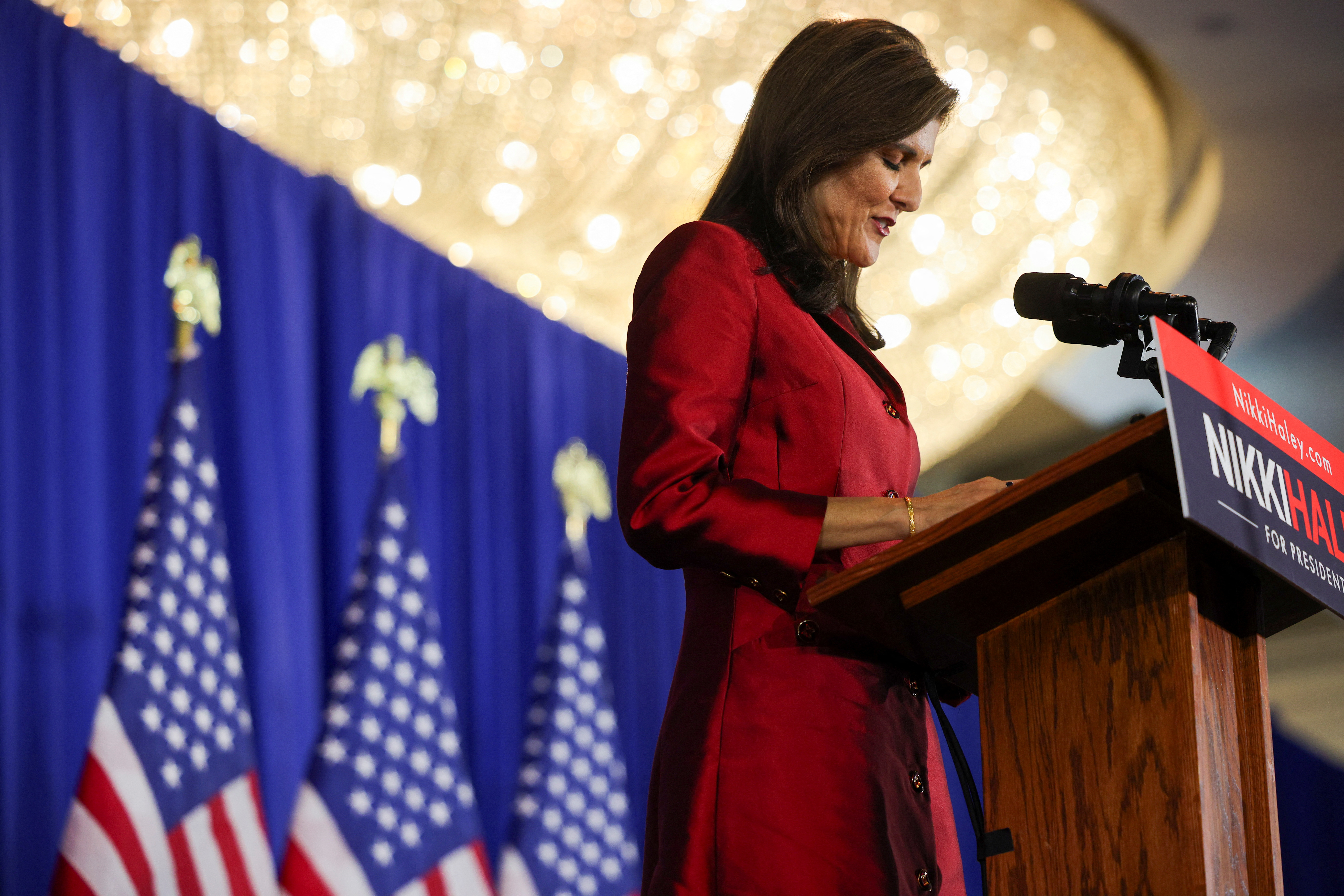 Haley speaks on stage in Charleston, South Carolina, on February 24