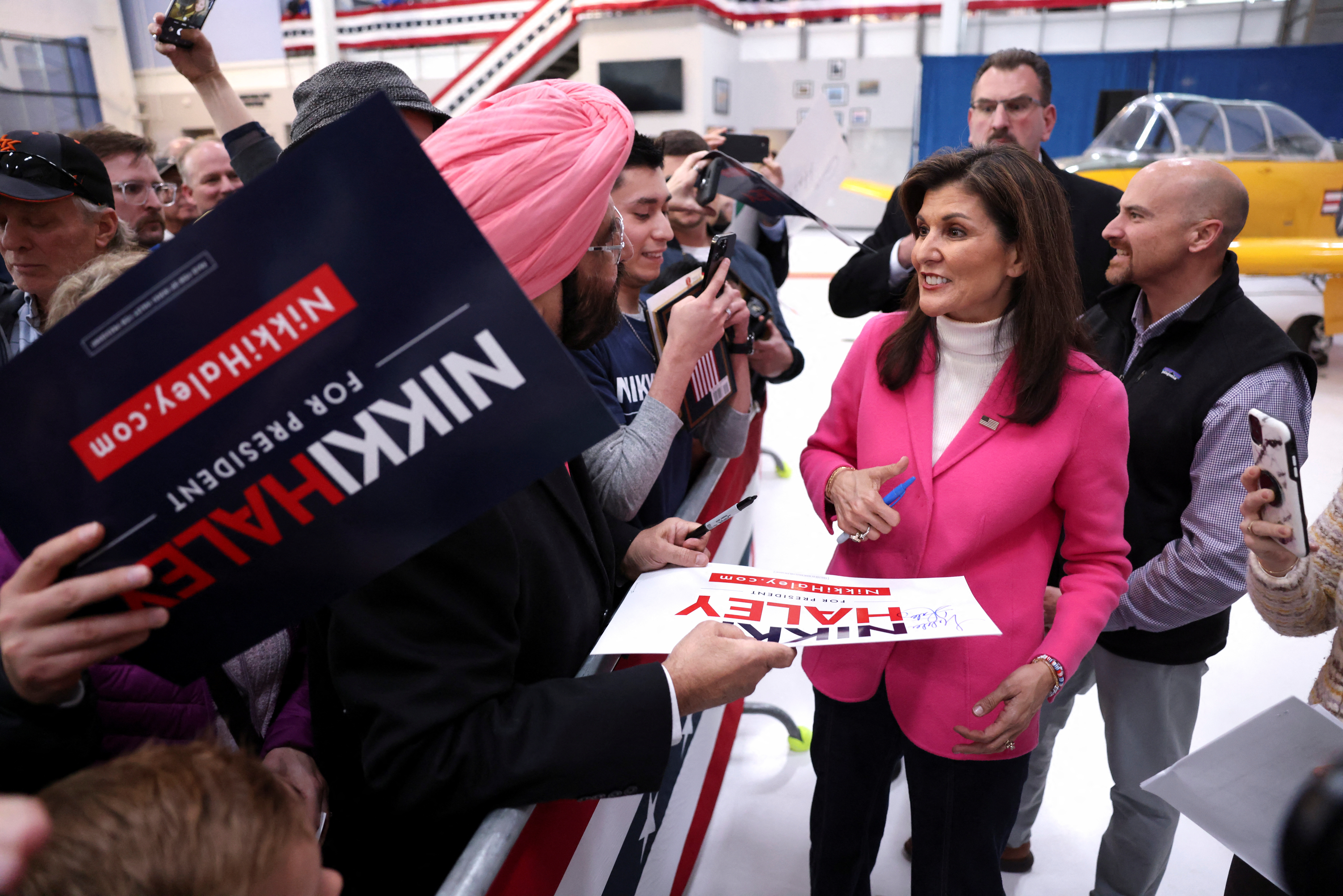 Republican presidential candidate and former US Ambassador to the United Nations Nikki Haley greets supporters at a campaign event at Wings Over the Rockies Exploration of Flight in Centennial, Colorado