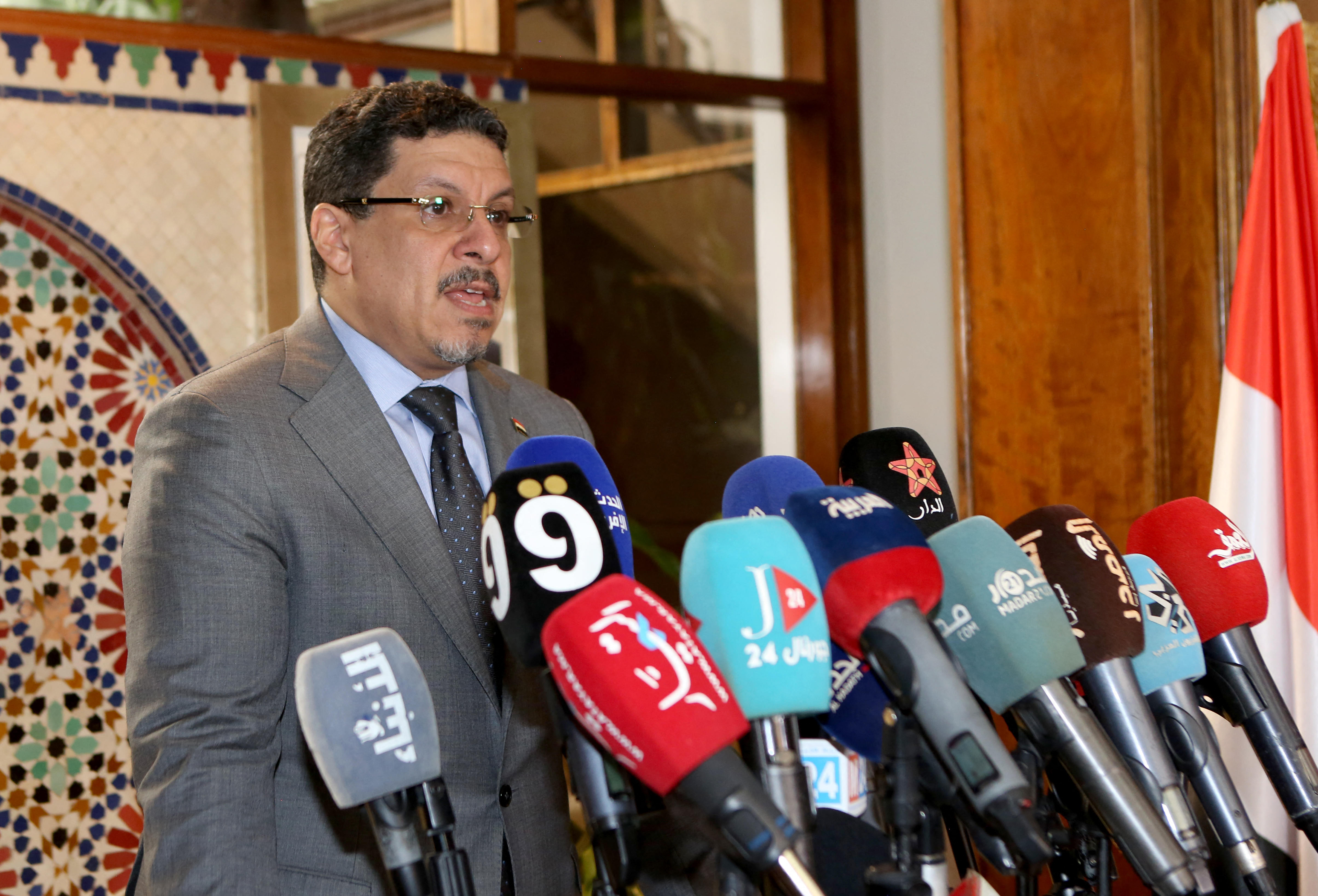 Yemen's Minister of Foreign Affairs Ahmed Awad Bin Mubarak, gives a press conference in the Moroccan capital Rabat, on October 5, 2022. Yemen's government wants to renew a ceasefire with Huthi rebels and will not escalate, its foreign minister said today, three days after the six-month truce expired sparking fears of new fighting. The UN-brokered ceasefire, in effect since April, had brought a sharp reduction in hostilities and facilitated moves to alleviate the dire humanitarian situation in the country, where some 80 percent of the population rely on aid after eight years of war. (Photo by AFP)