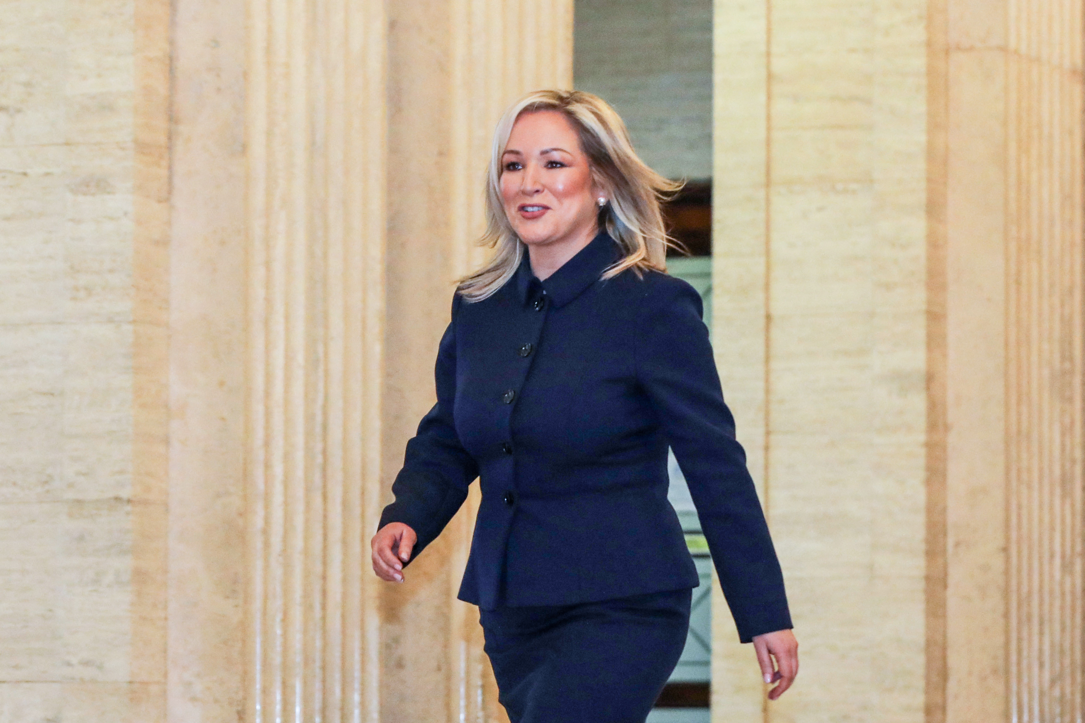 Northern Ireland's First Minster designate, Sinn Fein's Michelle O'Neill, arrives at Parliament Buildings, the seat of the Northern Ireland Assembly, in Stormont on February 3, 2024. - O'Neill becomes the first nationalist leader of Northern Ireland's government, when the assembly returns following a two-year boycott by the biggest pro-UK party. (Photo by Paul Faith / AFP)