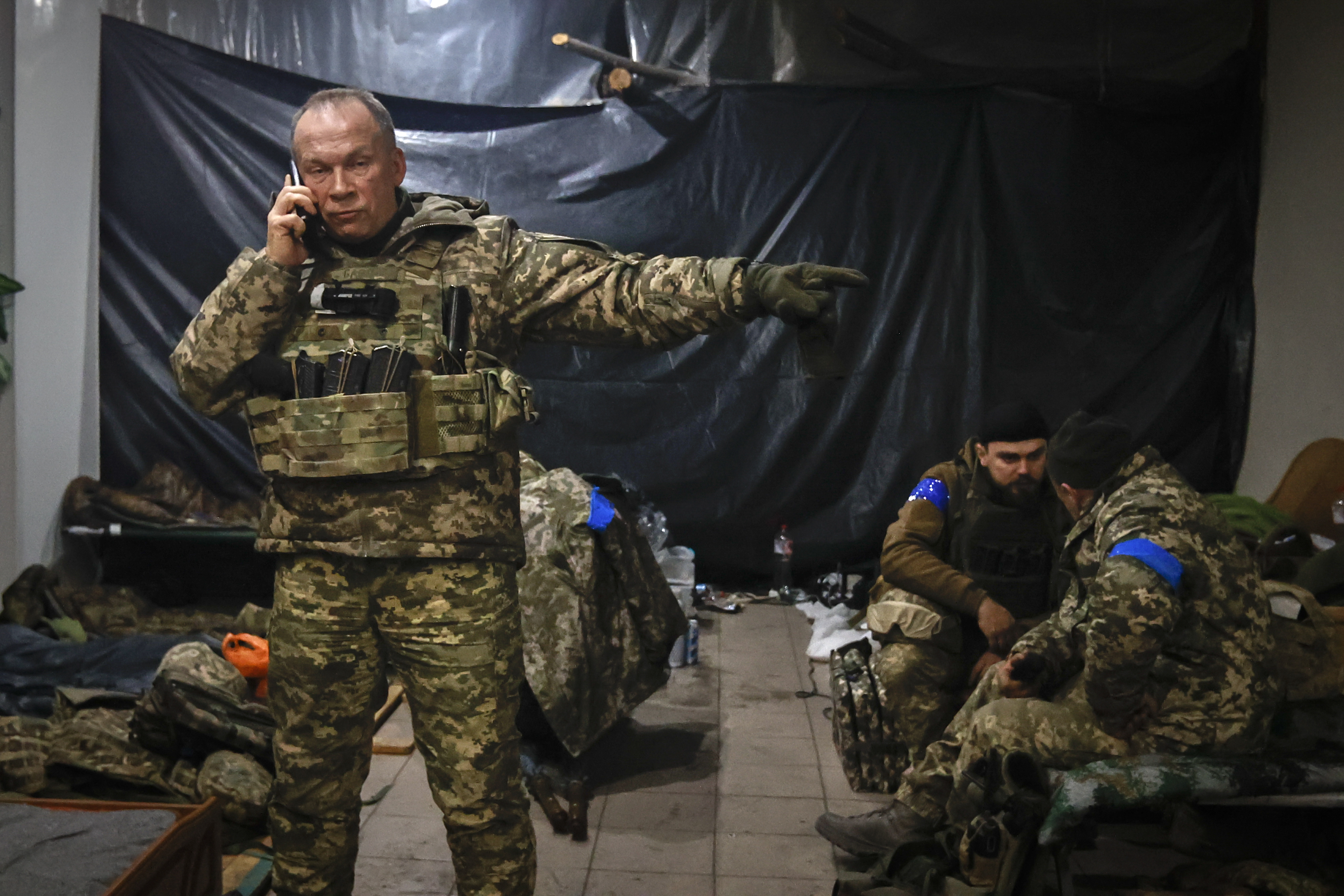 Syrskyi gives instructions in a shelter in Soledar, the site of heavy battles with the Russian forces, in the Donetsk region, Ukraine, January 8, 2023