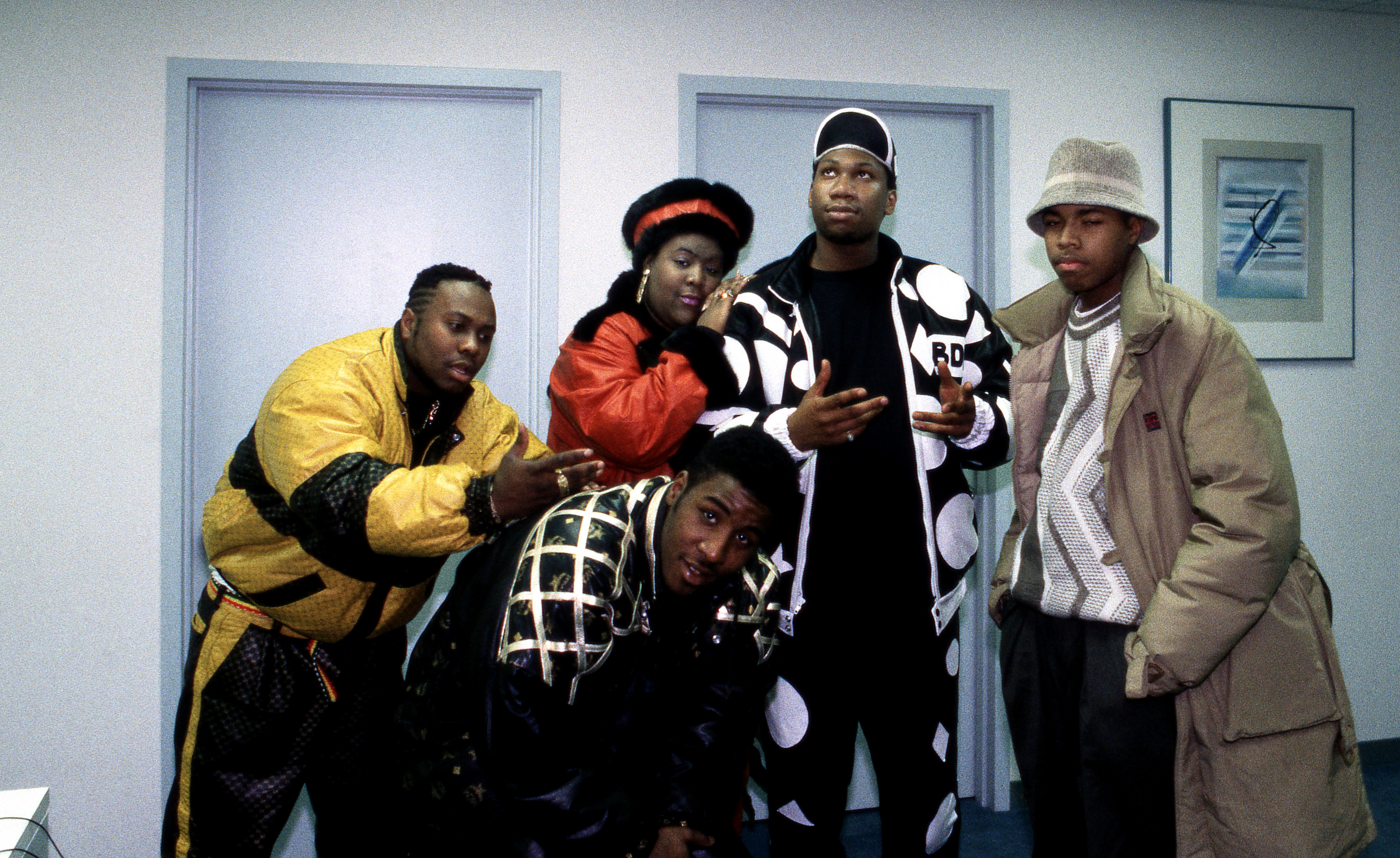Rappers Willie D, Ms Melodie (Ramona Scott-Parker), KRS-One (Lawrence Krisna Parker) and deejay D-Nice (Derrick Jones) (rear) and Mc Booo (front) of Boogie Down Productions at WGCI-FM radio in Chicago, Illinois in February 1989