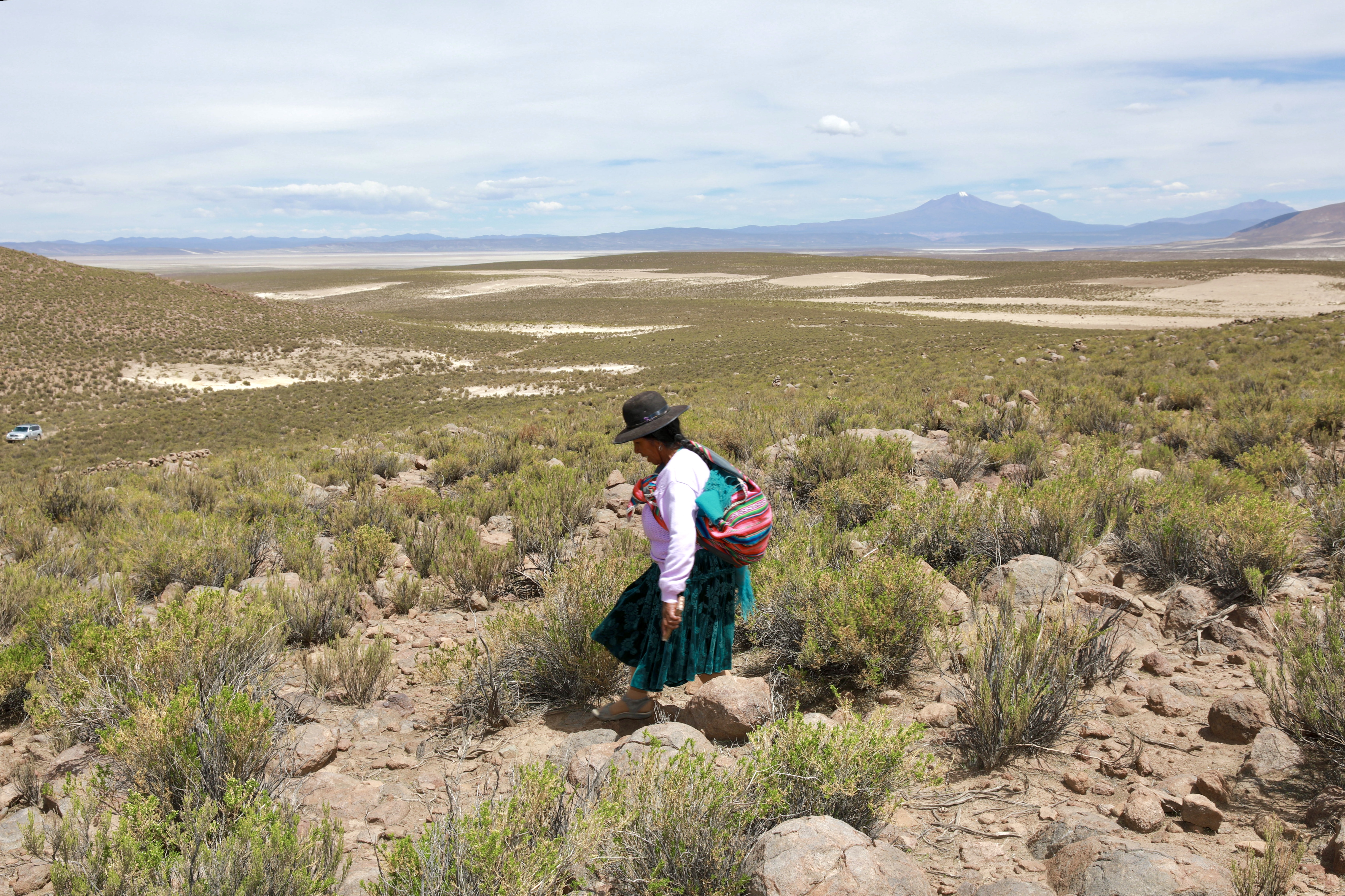 Mercedes Calcina, 60, is the cousin of Teófila and lives in the neighbouring village of Santiago de Chuvica in the Bolivian Andes, on the edge of Salar of Uyuni and close to where the first lithium plant was recently inaugurated. She lost her harvest last year to droughts caused by climate change and now fears lithium mining will make farming even harder
